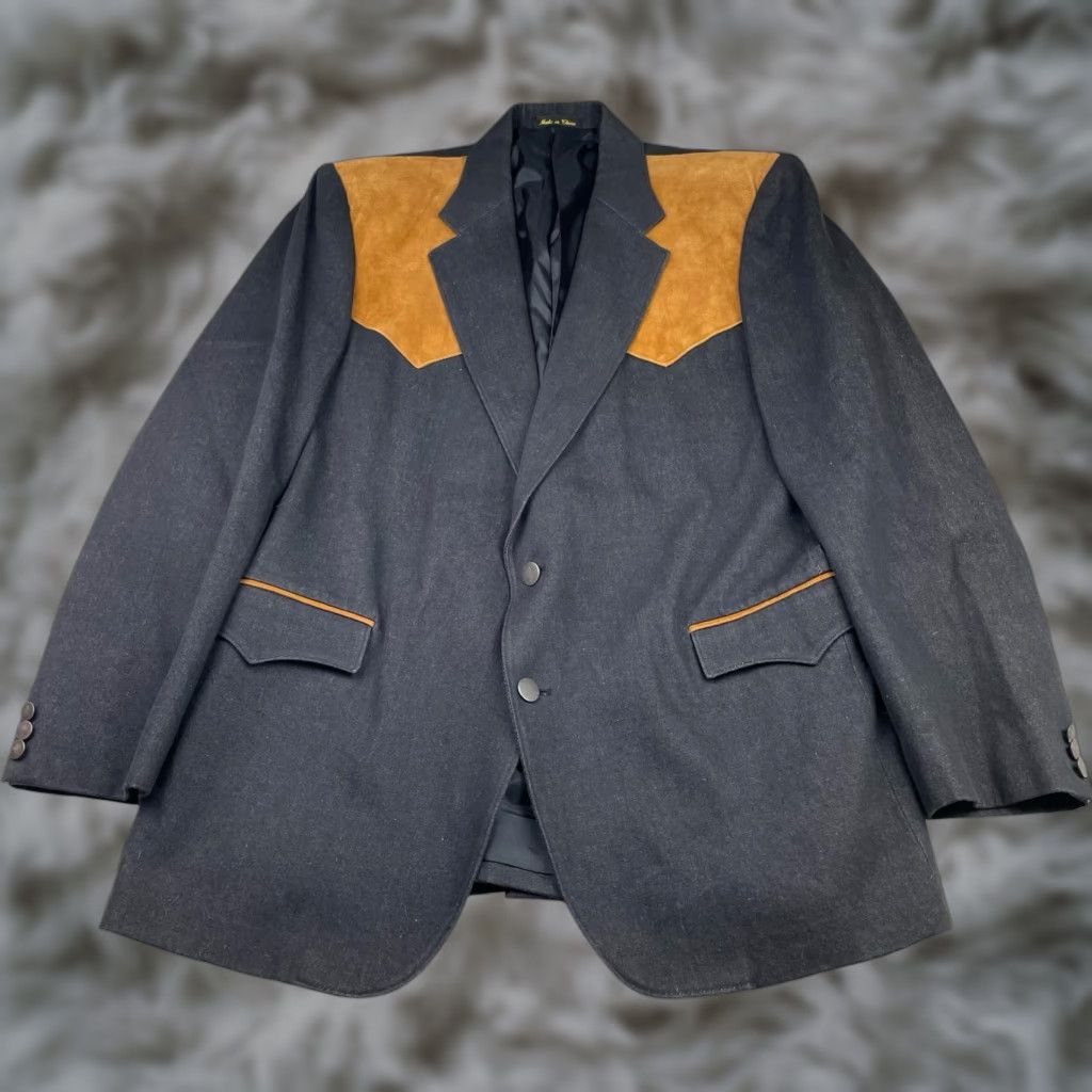 YOKE VINTAGE Circle S Blazer Men’s Western Denim/Suede Leather Yoke 2-Button Gray 46L Mens Size 46R - 1 Thumbnail