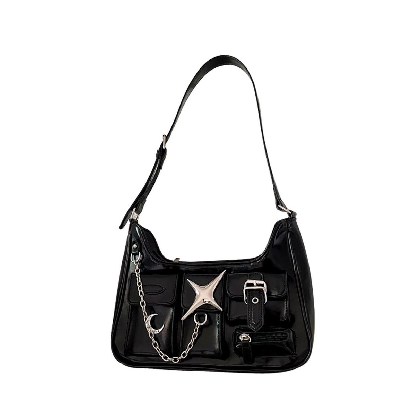 Vintage Chic Black Faux Leather Handbag with Silver Accents Size ONE SIZE - 5 Thumbnail