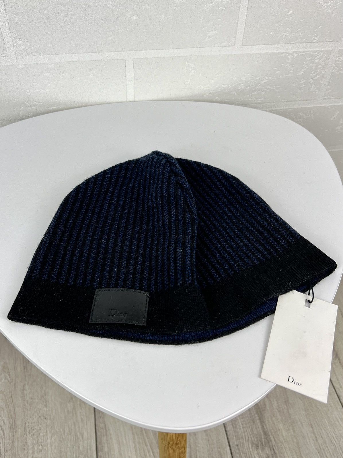 Dior DIOR Hat Wool 100% Leather Patch Logo Striped Black/Blue Men Size ONE SIZE - 2 Thumbnail