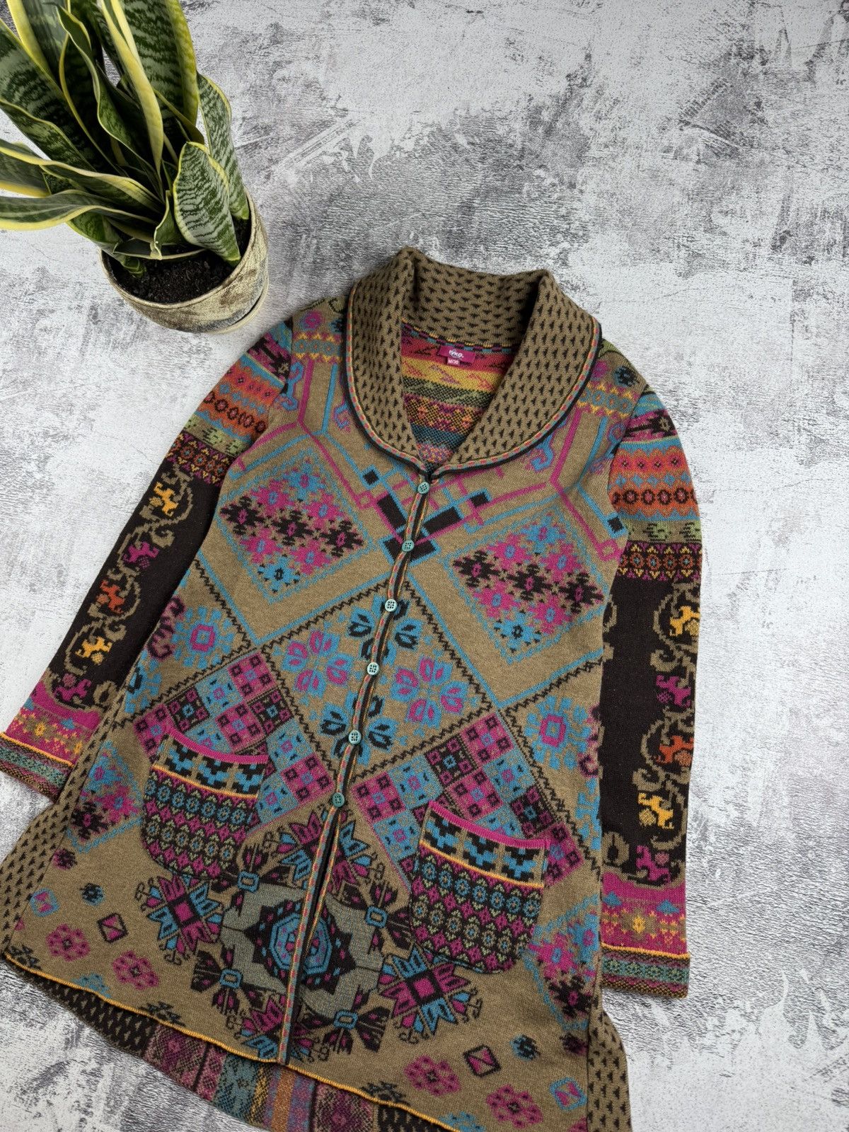 Designer × Vintage IVKO Lambs Wool 38 Knit Floral Long Cardigan Sweater Dress Size M / US 6-8 / IT 42-44 - 3 Thumbnail