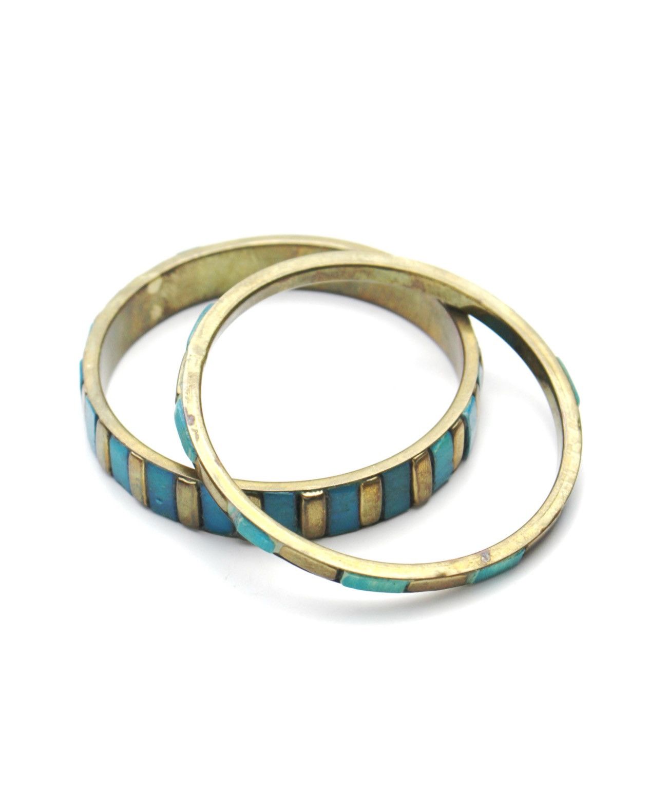 Vintage 1980S JAPANESE HANDCRAFTED TURQUOISE INLAY BRASS BANGLE SET Size ONE SIZE - 2 Thumbnail