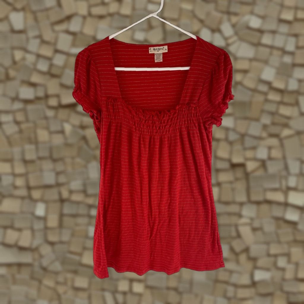 Vintage Self Esteem Blouse Shirt Women's XL Red Metallic Square Neck Cam Short Sleeve Ruffle Vintage: No Breathable Casual Regular Modern Size XL / US 12-14 / IT 48-50 - 1 Thumbnail