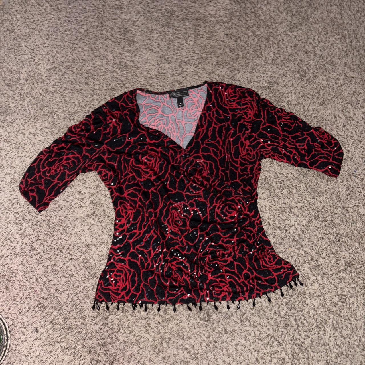 Other Y2K Red and black sequin rose print babydoll top with fringe Size S / US 4 / IT 40 - 7 Thumbnail