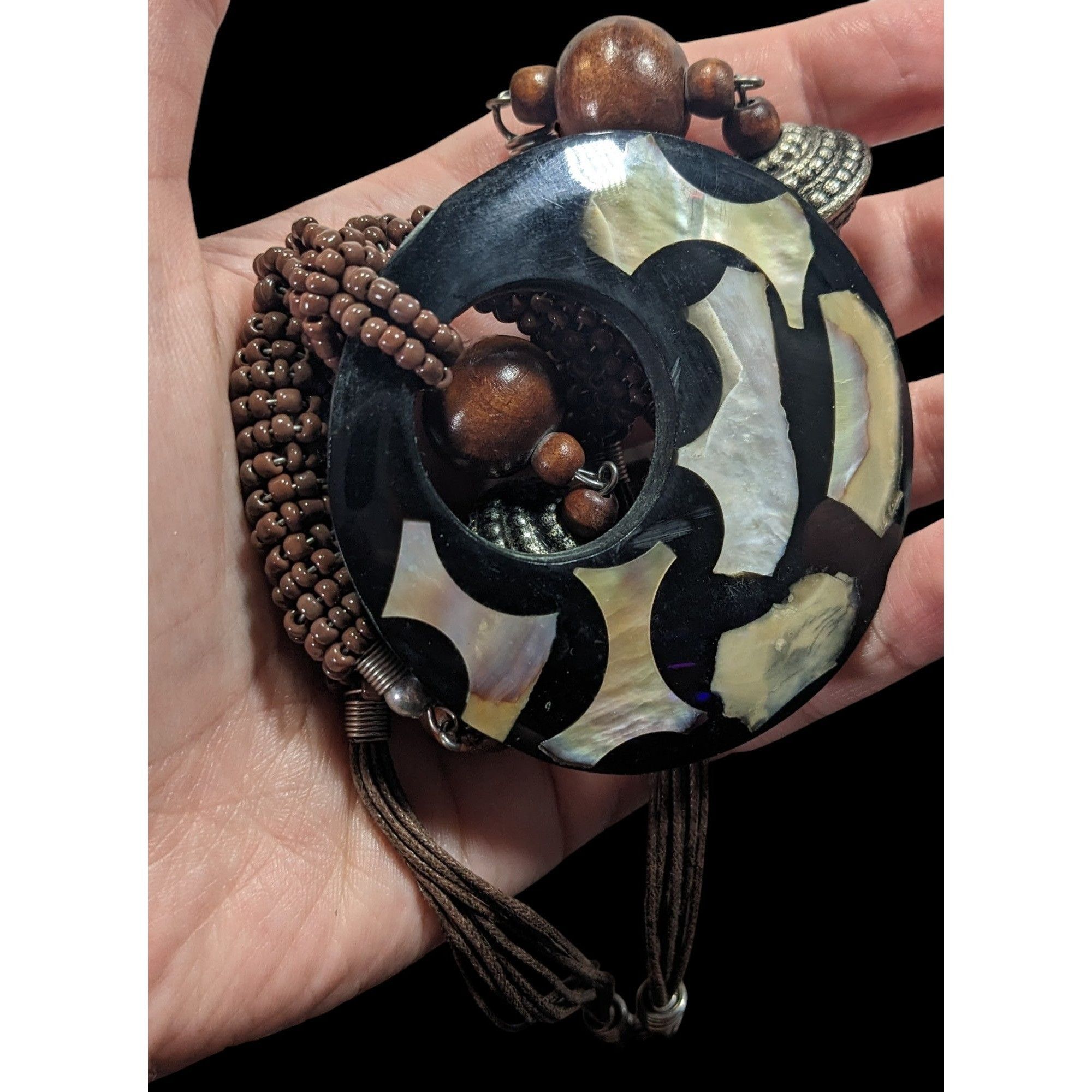 Other Vintage Bohemian Wood And Metal Necklace With Shell Inlay Pe Size ONE SIZE - 3 Thumbnail