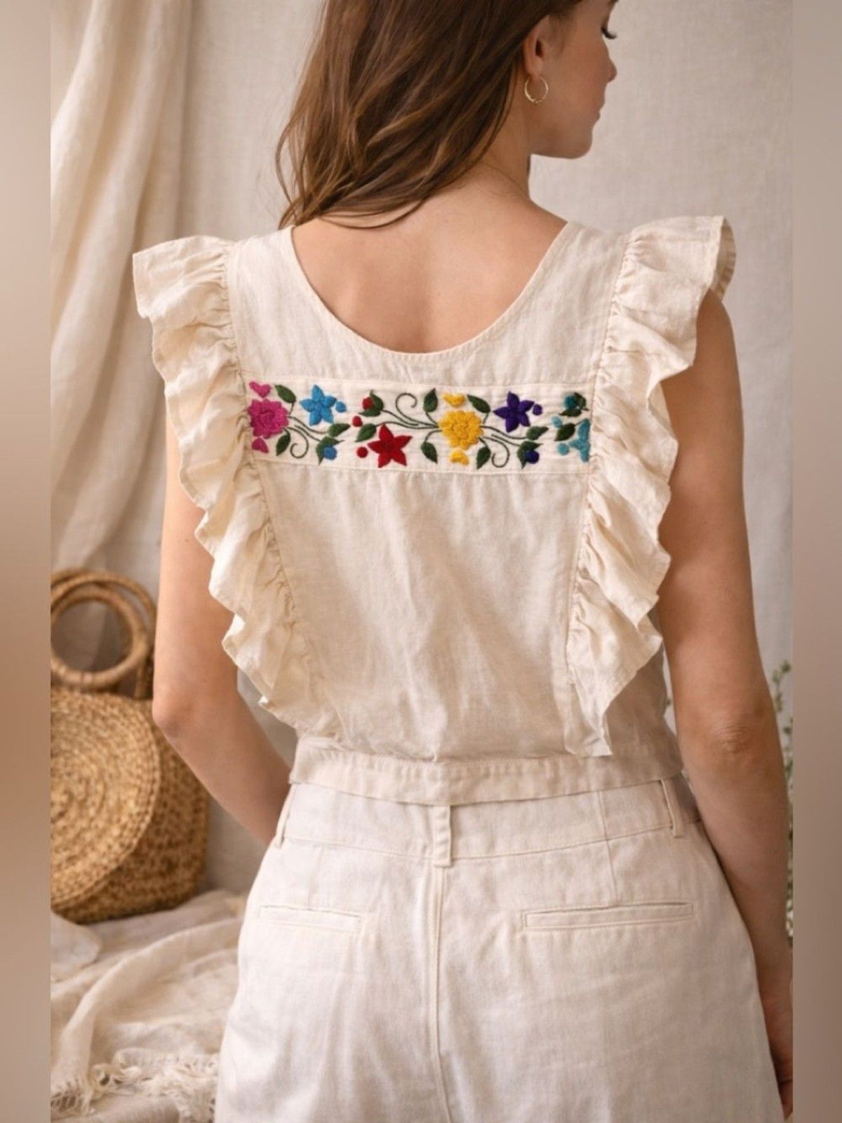 Other Handmade Embroidered Cotton Vest Tie Front Ruffle Crop Top Size S / US 4 / IT 40 - 2 Thumbnail