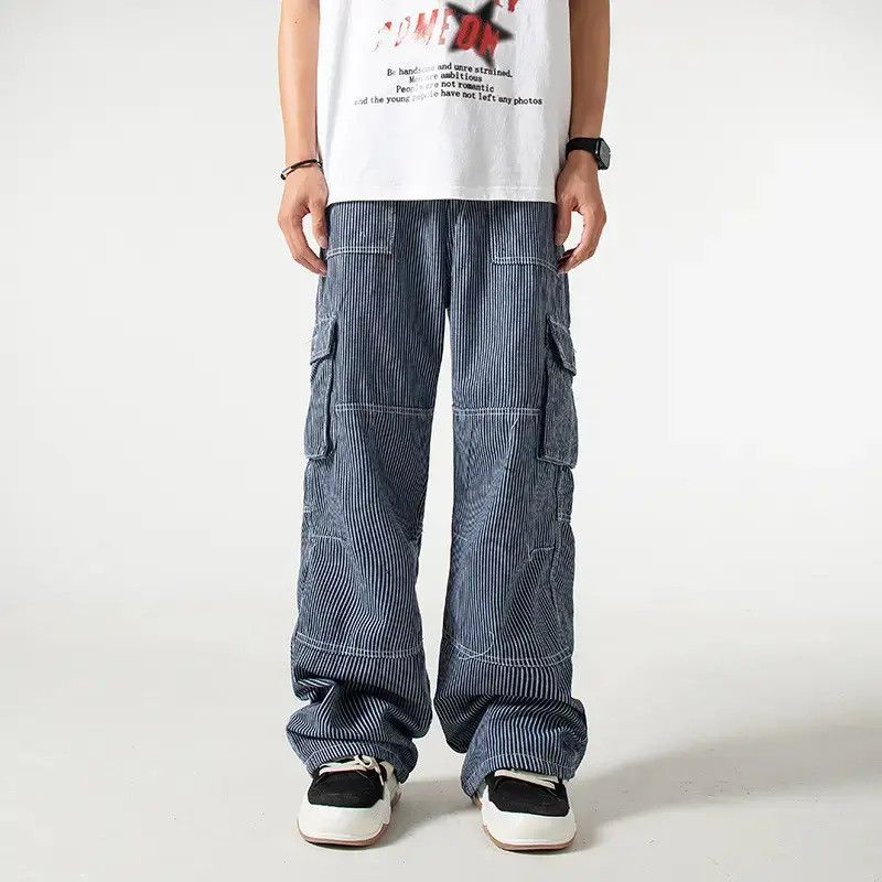 Japanese Brand Retro loose striped patchwork pocket jeans Size US 32 / EU 48 - 1 Thumbnail