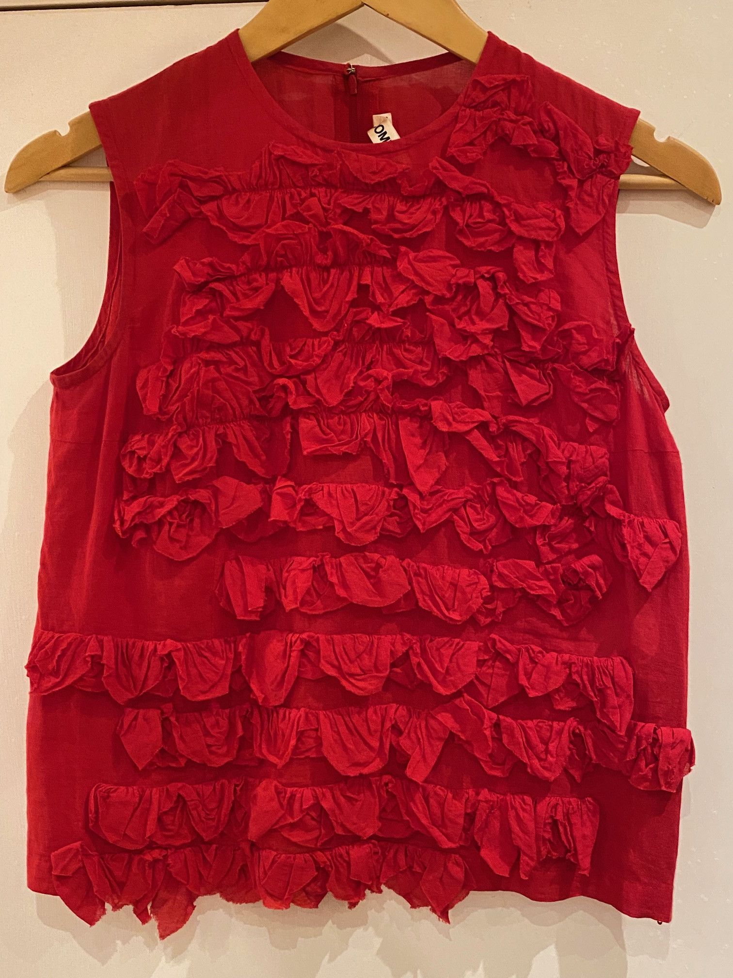 image of Comme Des Garcons Red Ruffled Short Sleeve Top Xs, Women's