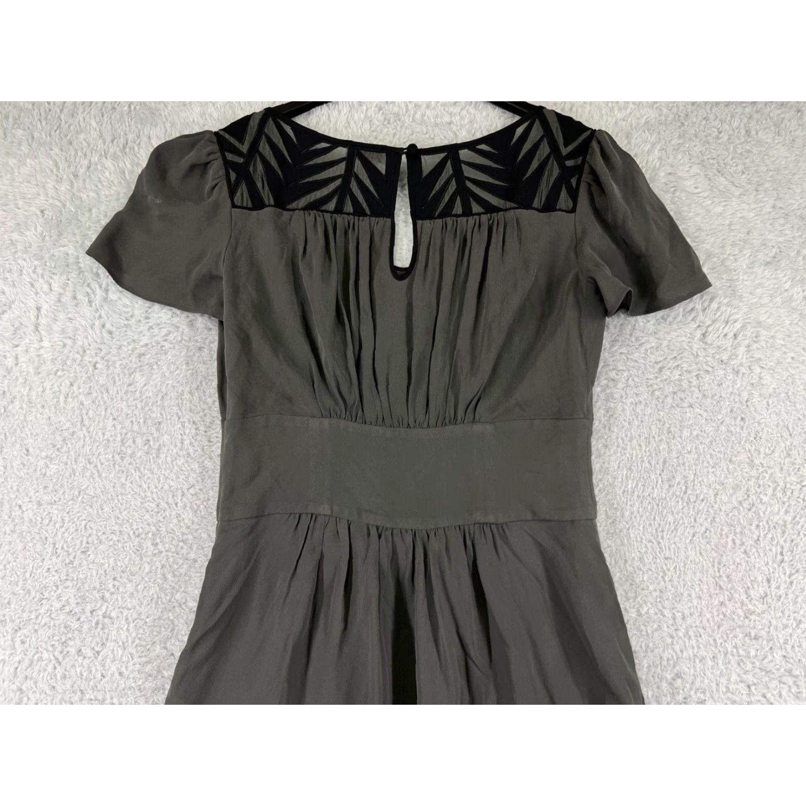 Vintage Temperley Dress Womens 8 Gray 100% Silk Keyhole Back Embroidered Knit A-Line V-Neck Short Sleeve Casual Formal Party/Cocktail Size M / US 6-8 / IT 42-44 - 7 Thumbnail