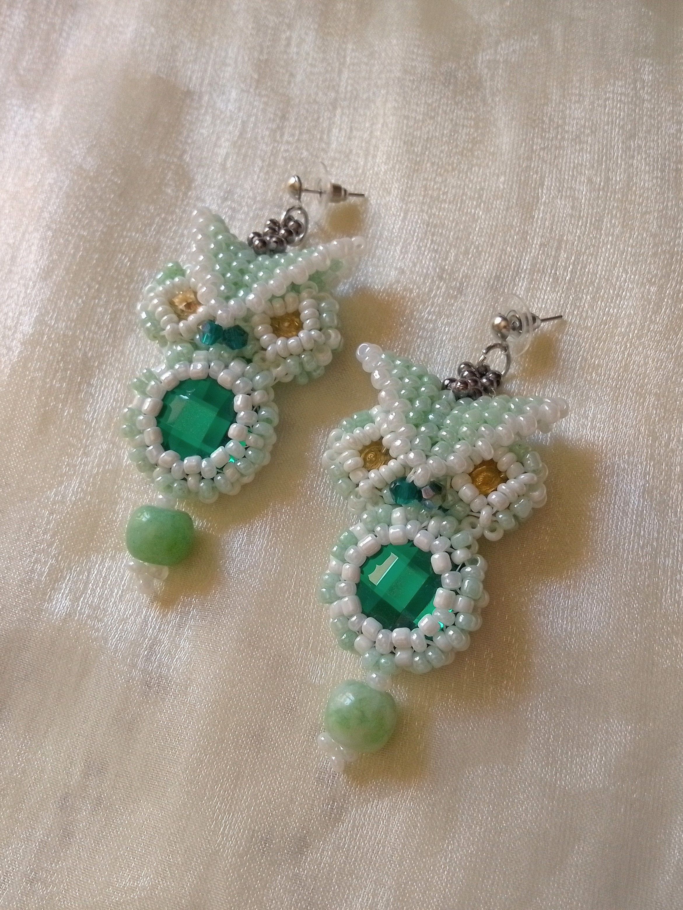 Handmade Owl dangling earrings with precious gemstones and zirconia Size ONE SIZE - 5 Thumbnail