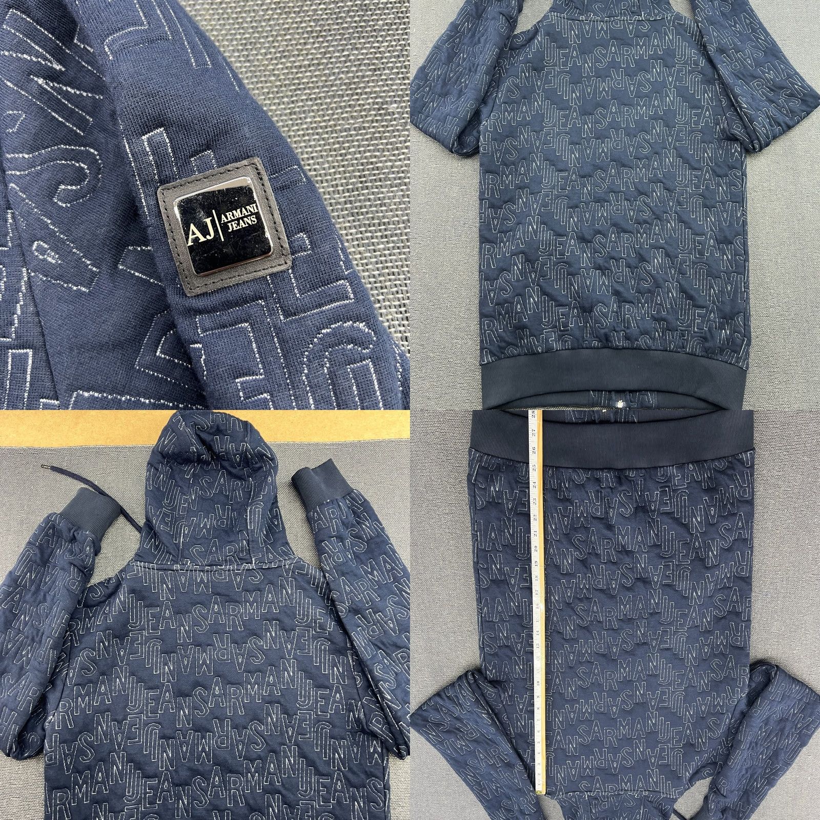 Vintage Armani Jeans MEns Hoodie Large Hoody AOP Spellout All Over Print Full Zip Blue Size US 33 - 8 Thumbnail