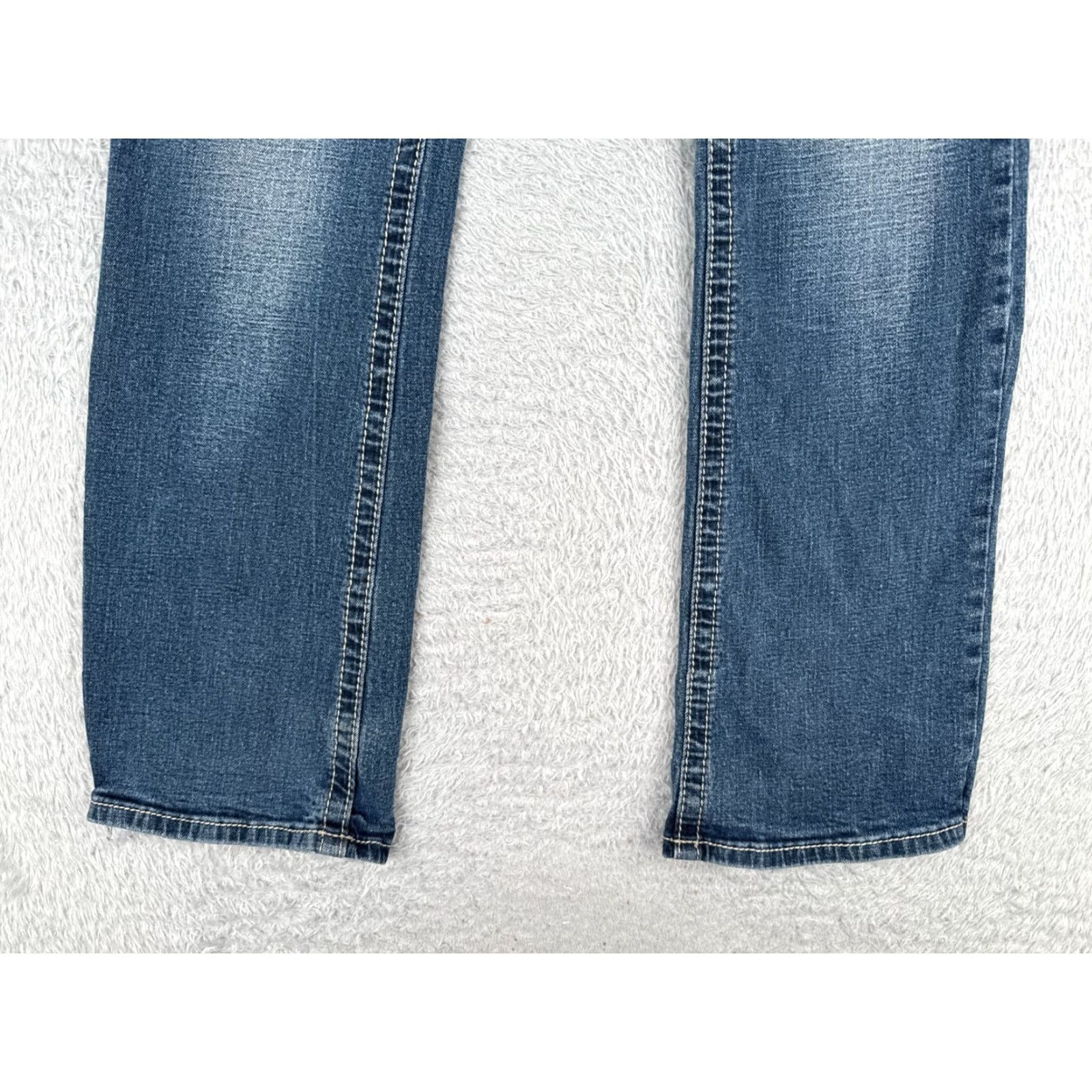 Denime Ariya Jeans Pants Juniors 15 Blue Denim Flared Mid Rise 32x31 Embroidered Distressed Stretch Cotton Size 36" / US 14 / IT 50 - 2 Thumbnail