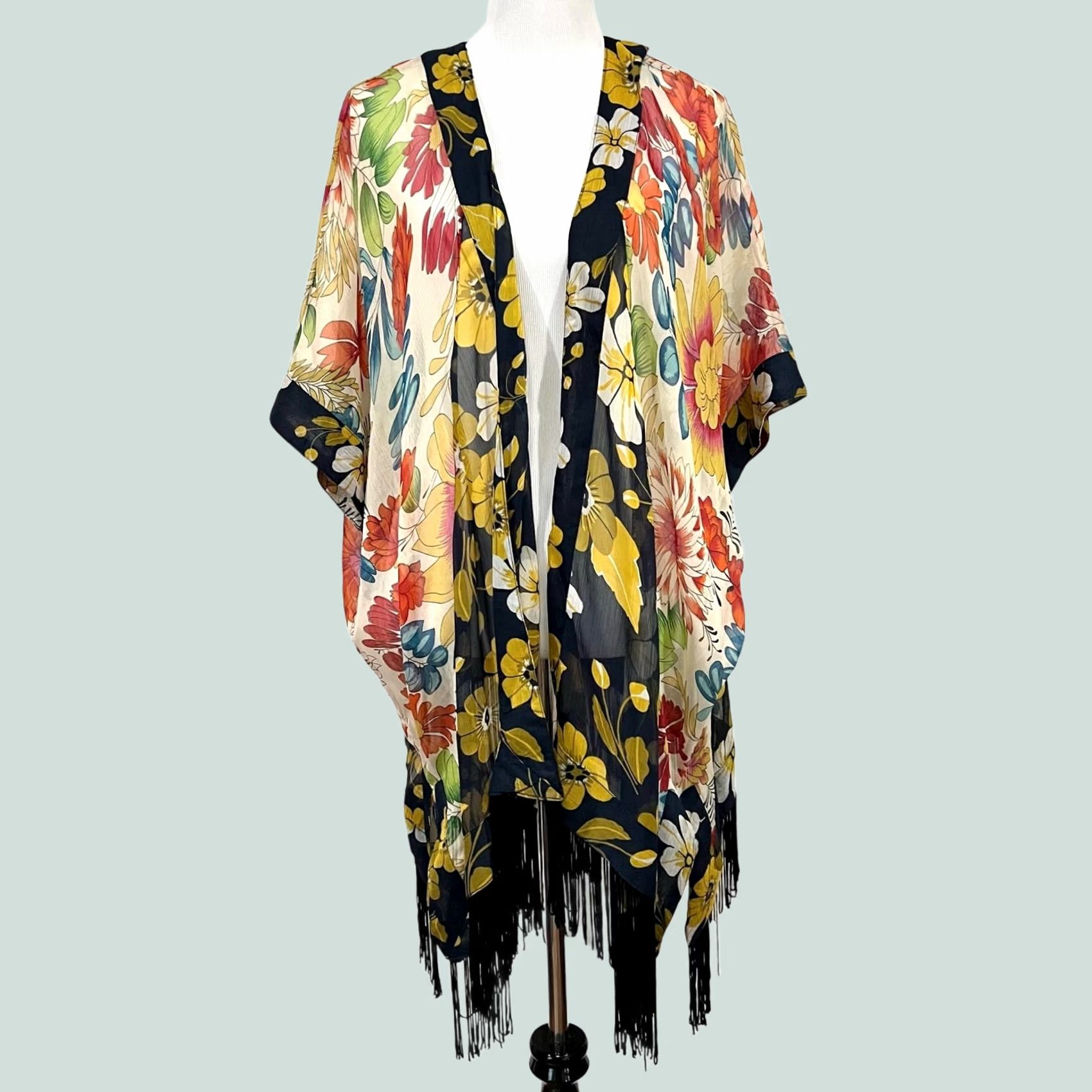 Steve Madden Steve Madden Kimono Cardigan Sheer Floral Butterfly Boho Festival Fringe O/S Women's One Size Multicolor Pattern Florals Cover Up Size ONE SIZE - 1 Thumbnail
