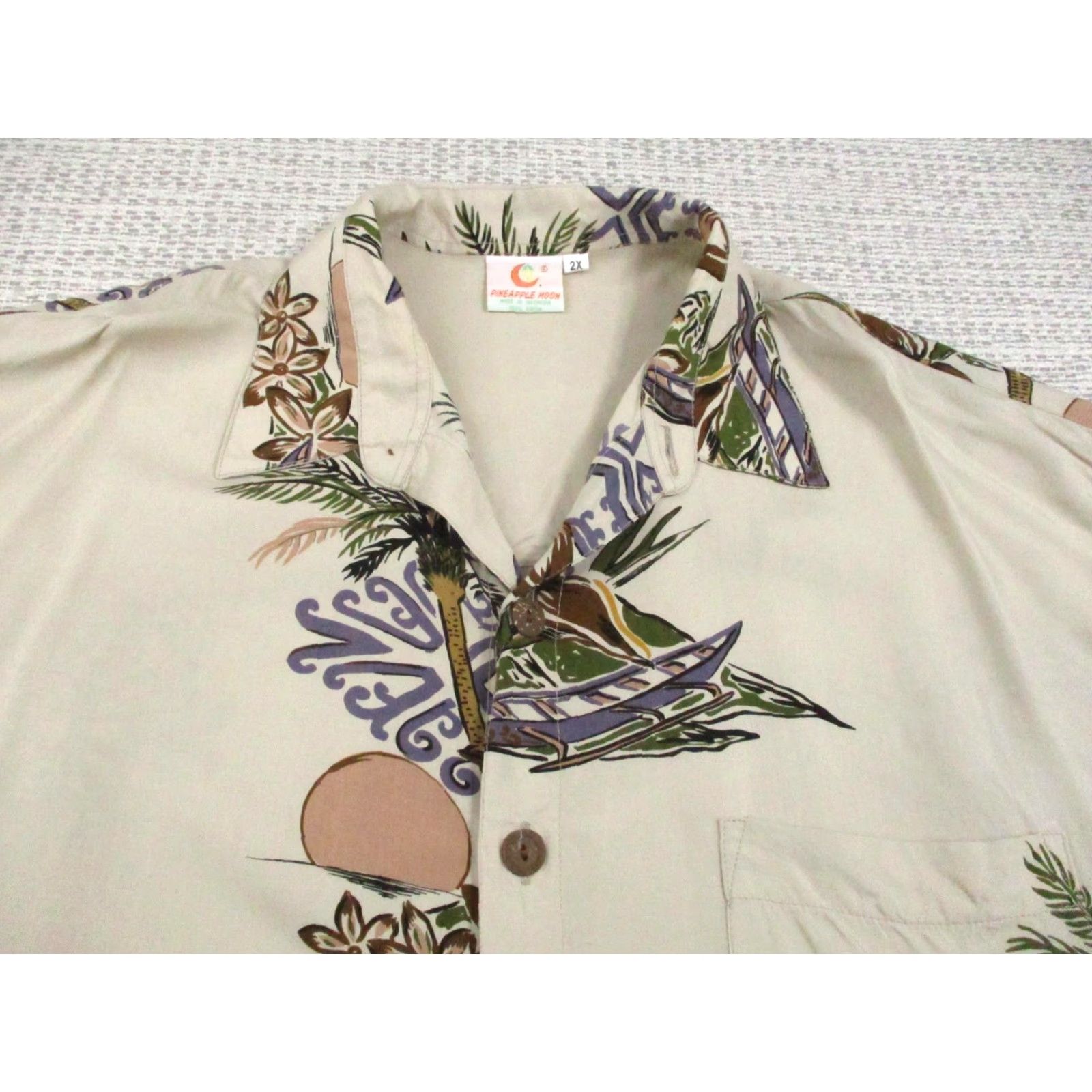 Vintage Pineapple Moon Shirt Mens 2XL Beige Hawaiian Aloha Rayon Palm Tree Print Casual Vintage Beach Boat Shirt Mens 2XL Size US XXL / EU 58 / 5 - 6 Thumbnail