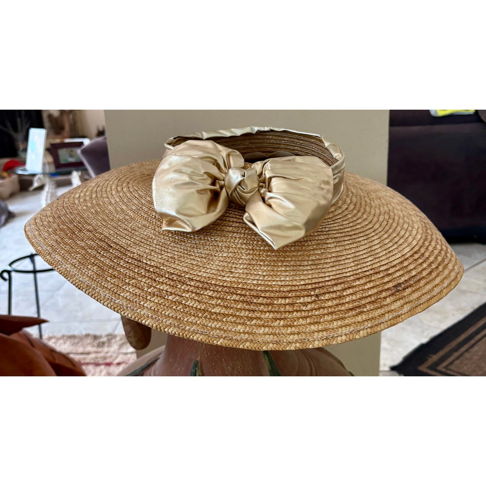 Vintage Vintage Deborah Rhodes Mocha Straw Hat Gold Metallic Bow Size ONE SIZE - 2 Thumbnail