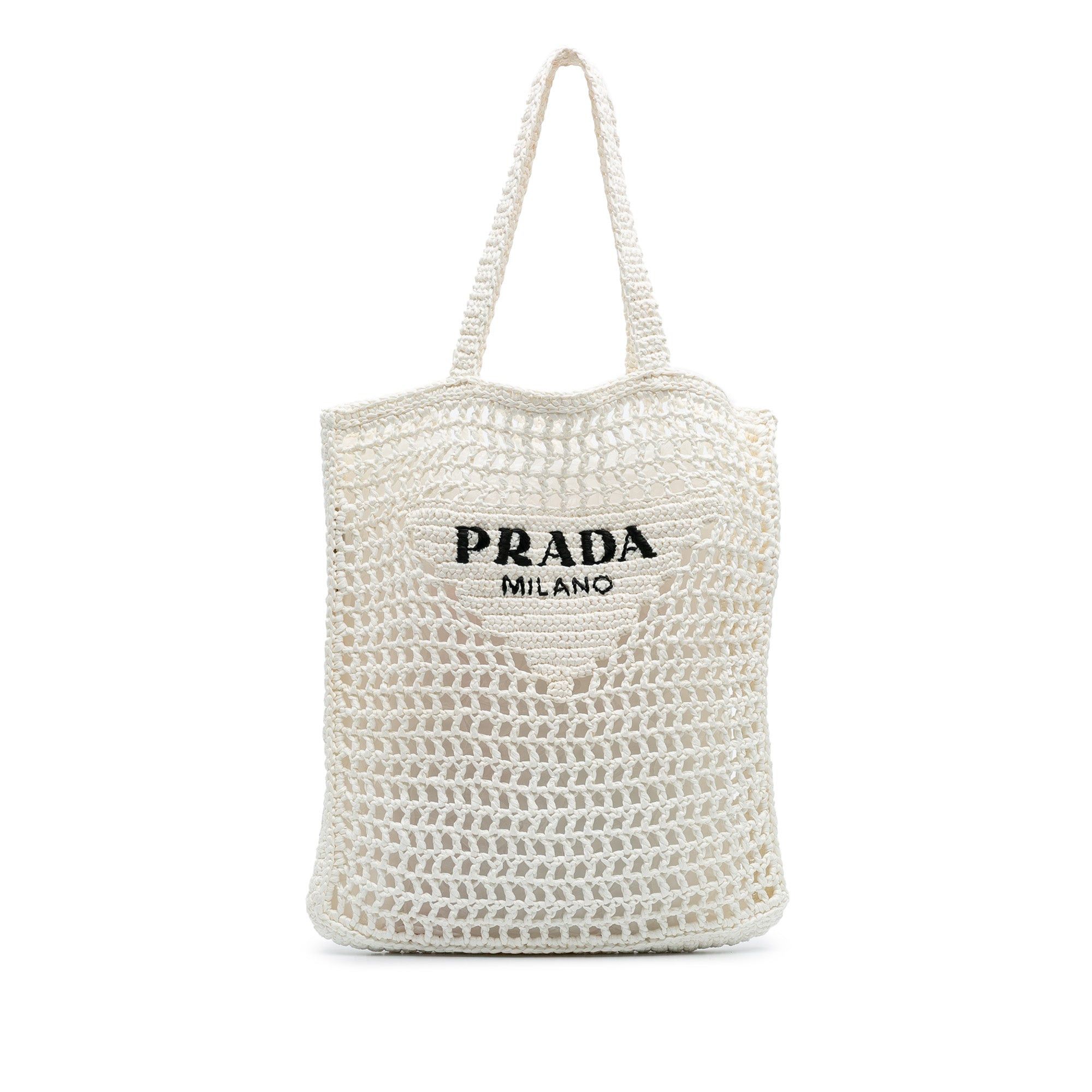 Prada Raffia Effect Crochet Logo Embroidered Tote | Grailed
