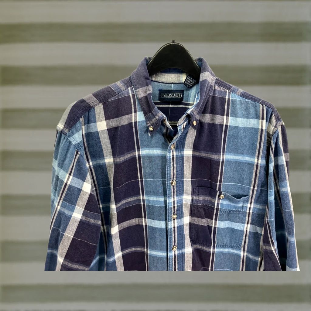 Lands' End Lands' End Button Down Shirt Mens L Blue Plaid Long Sleeve Button-Up Casual Travel 90s Outdoor Mens Regular Big & Tall Size US L / EU 52-54 / 3 - 1 Thumbnail