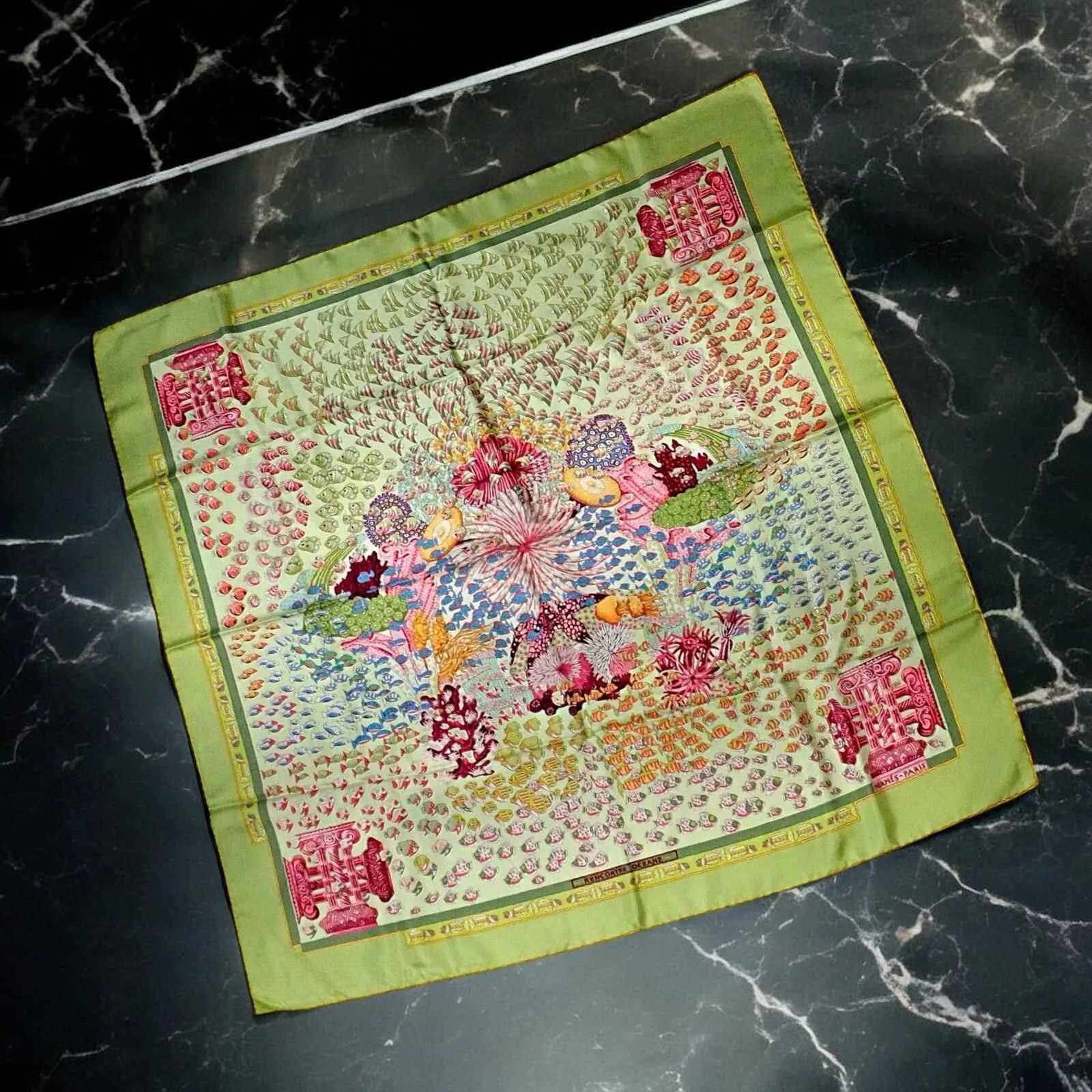 Hermes Hermes Key Lime Rencontre Oceane Vintage 90cm Silk Scarf Size ONE SIZE - 2 Thumbnail