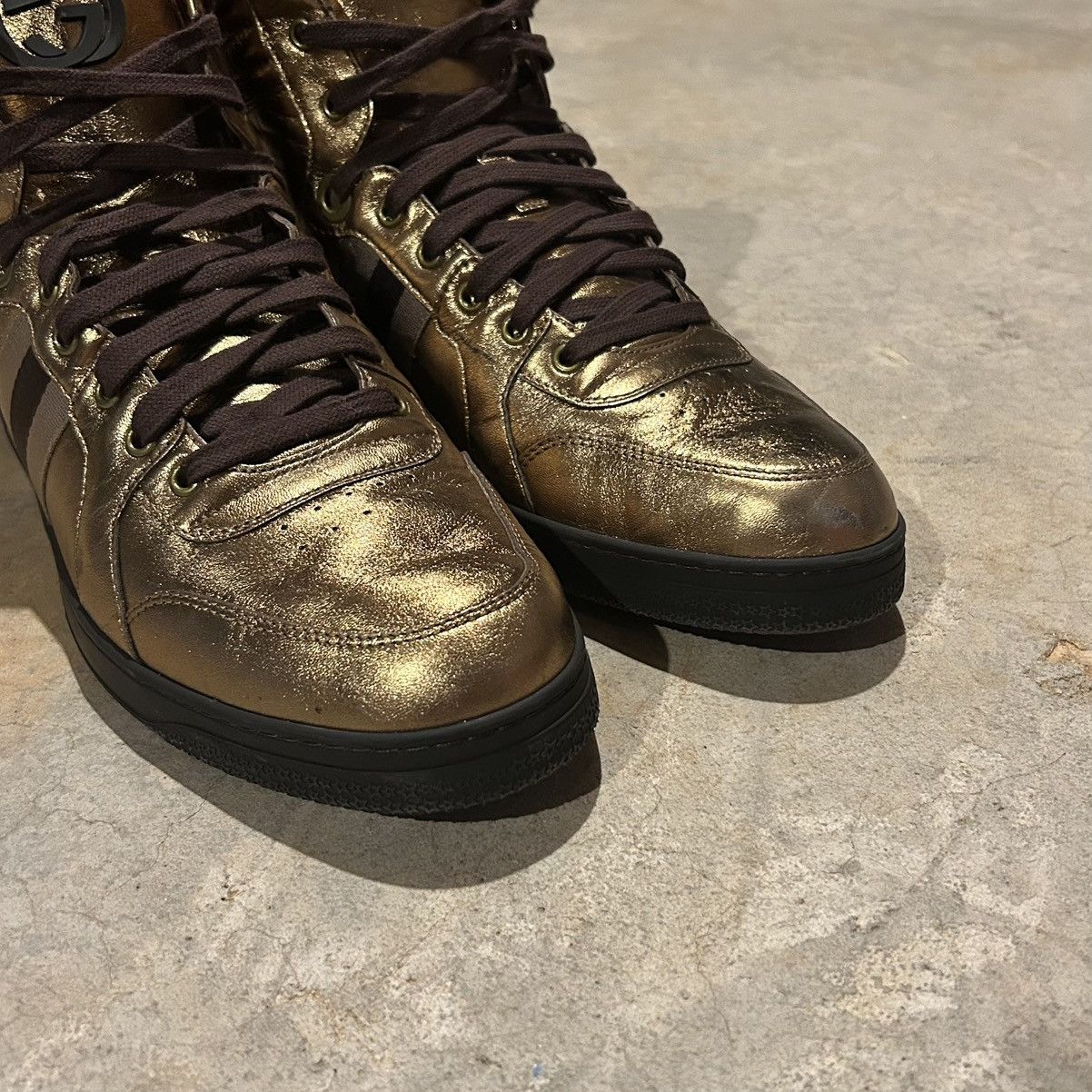 Designer × Gucci Gucci Nappa Silk Metallic Gold Web Stripe High Top Sneakers Size US 13 / EU 46 - 15 Thumbnail