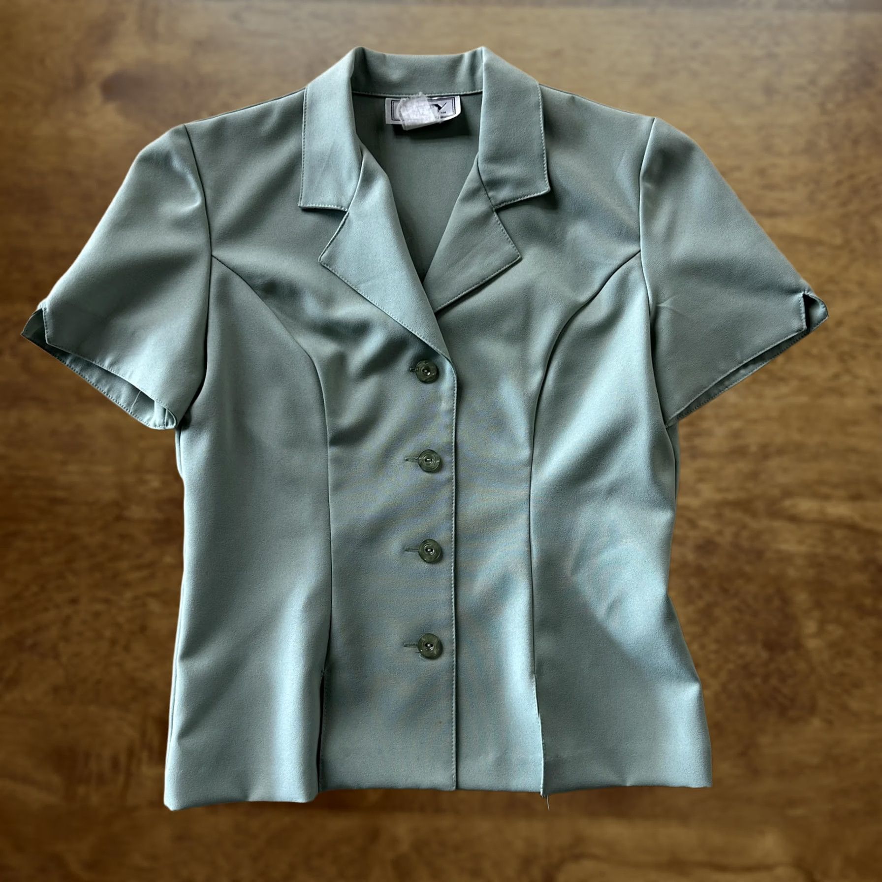 Vintage VINTAGE DBY Blouse Womens 5/6 Green Short Sleeve Collared Button Slim Woven Top Size S / US 4 / IT 40 - 1 Thumbnail