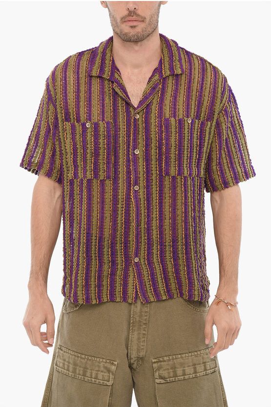 image of Andersson Bell Short Sleeve Striped Perforated Shirt With Double Breast Poc in Violet (Size Medium)