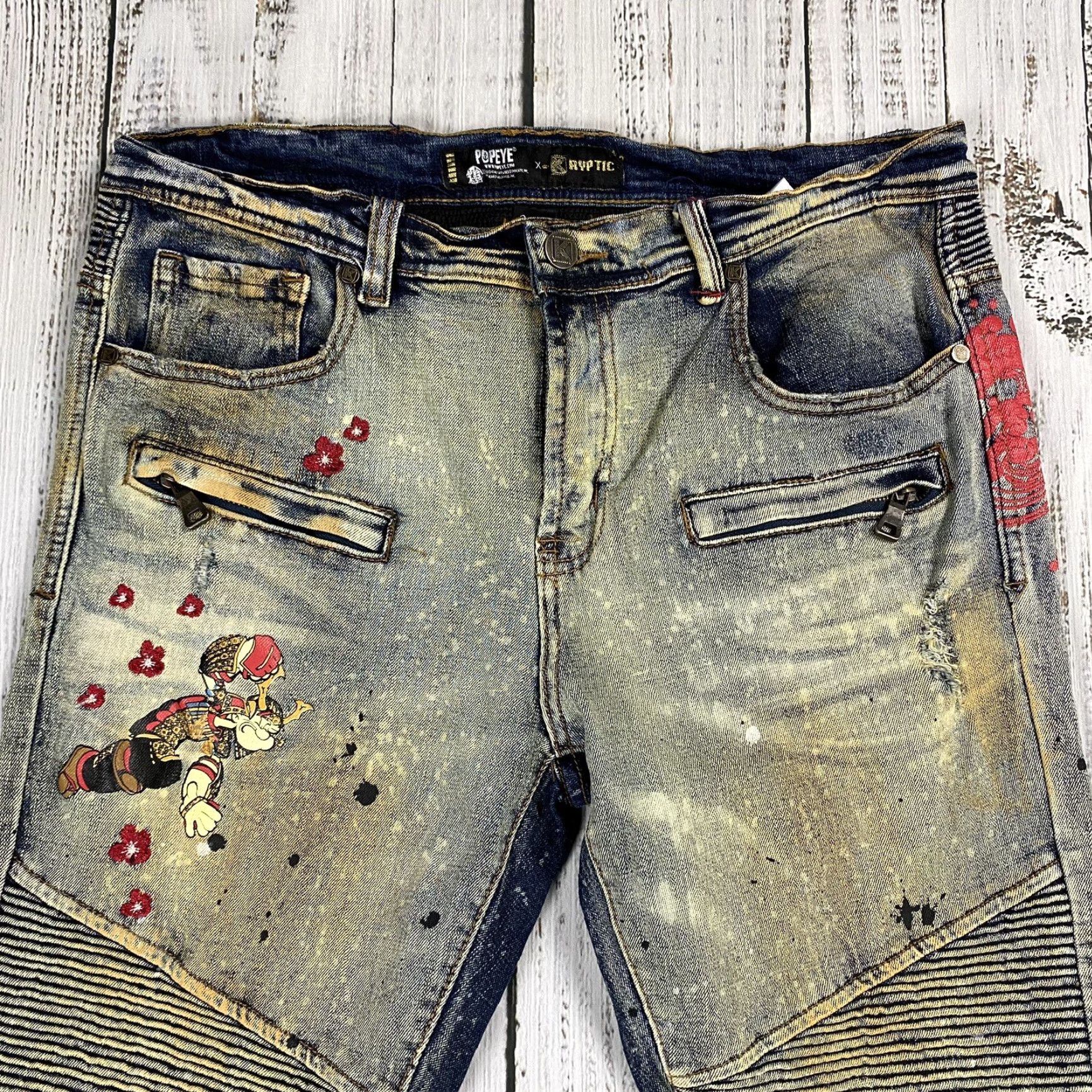 Vintage VINTAGE KRYPTIC POPEYE x STREETWEAR Distressed Slim Fit Denim Jeans Men 34x32 Blue 90s Size US 34 / EU 50 - 2 Thumbnail