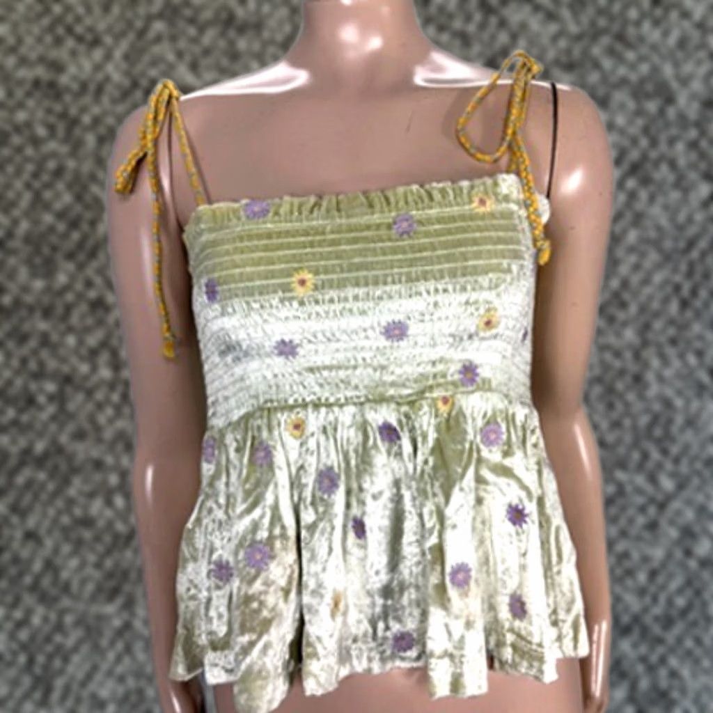 Vintage Kimchi Blue Floral Velvet Embroidered Smocked Tie Shirt M Women's Yellow Size M / US 6-8 / IT 42-44 - 1 Thumbnail