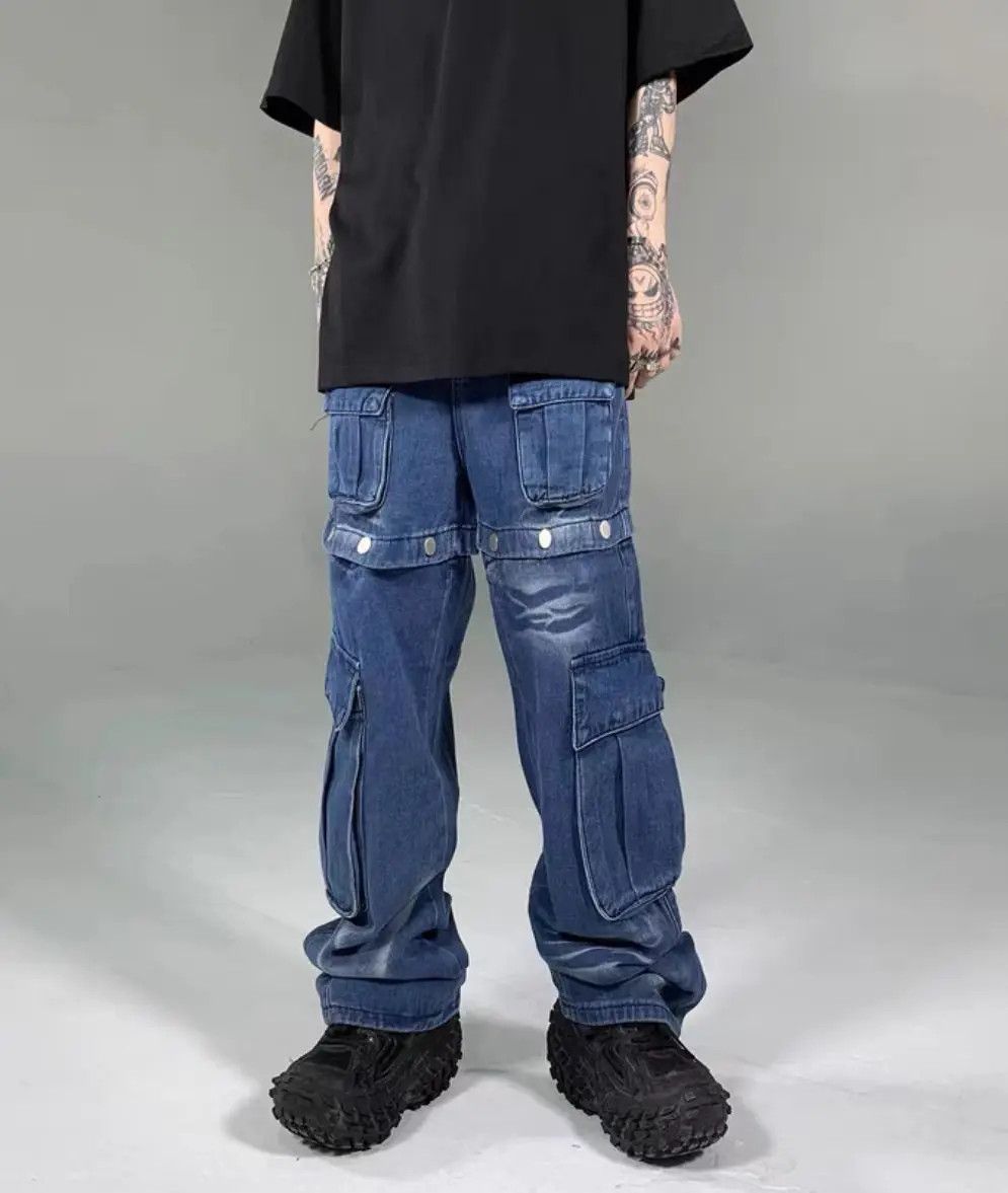image of Heavy-Duty Washed Wide-Leg Detachable Two-Wear Jeans in Blue, Men's (Size 32)