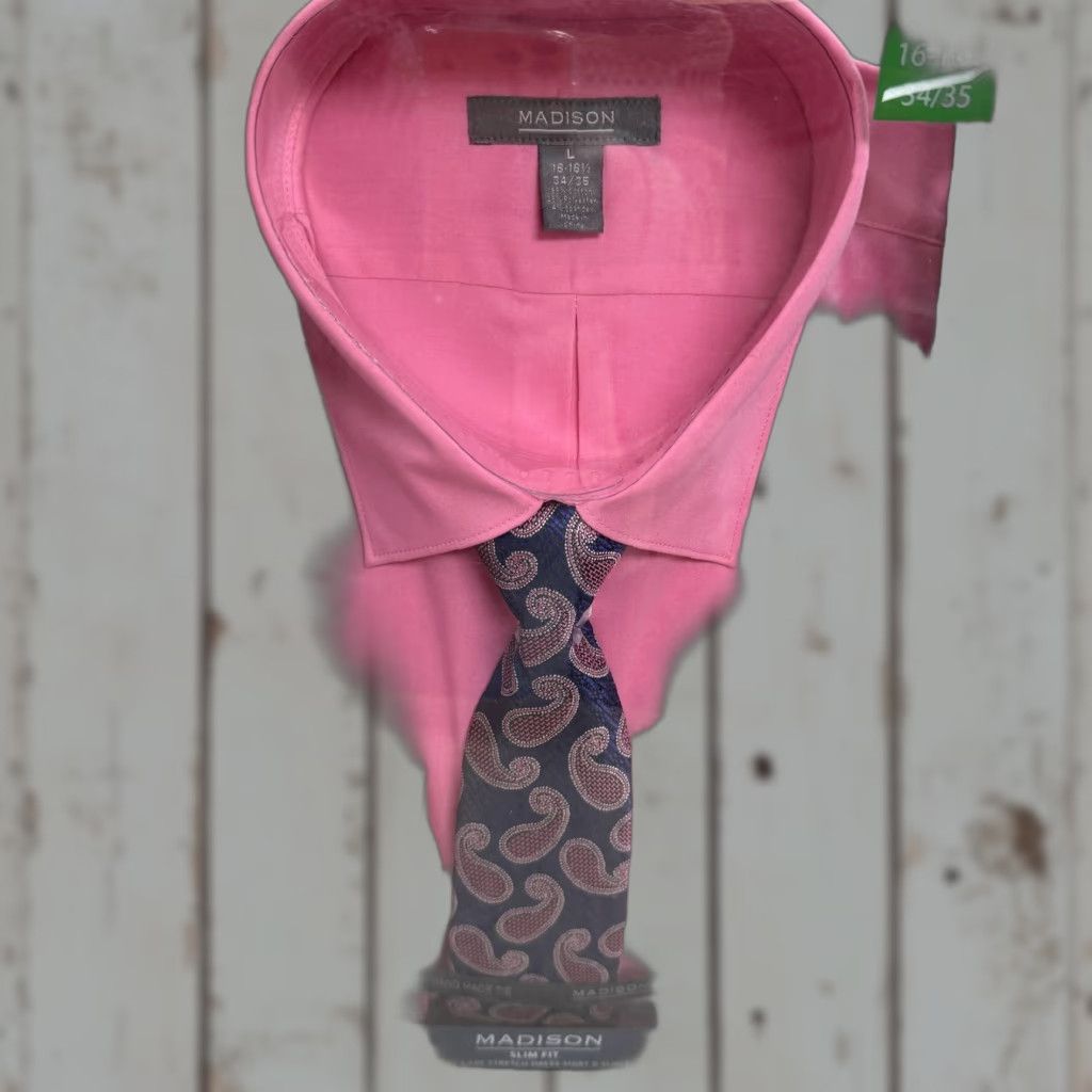 Madison Madison Dress Shirt Mens Large 16-16.5 34/35 Pink Slim Fit Easy Care Stretch Shirt Size 42R - 1 Thumbnail