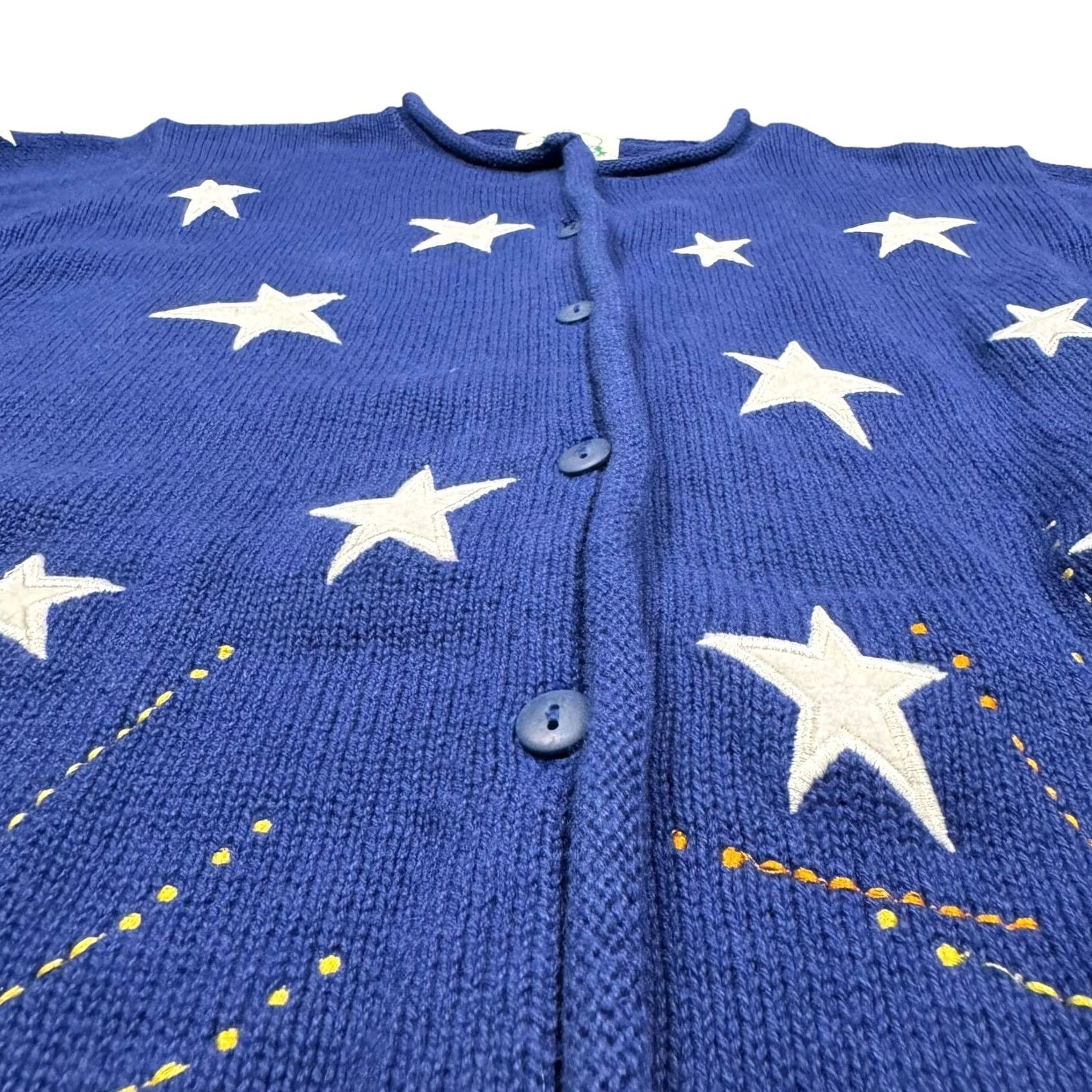 Quacker Factory USA Sweater Vintage Men's L Knit Embroidered Stars Stripes Short Sleeve 4th July Cardigan Cotton Blend Regular Sailor Blue 90s Patriotic Mens Size US L / EU 52-54 / 3 - 3 Thumbnail