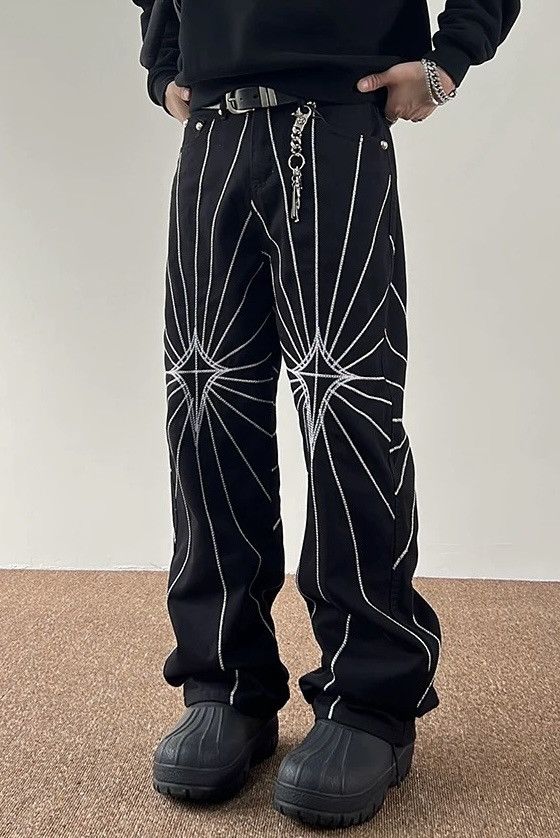 image of Vintage Avant Grade Spider Web Embroidery Washed Jeans Pants in Black, Men's (Size 30)