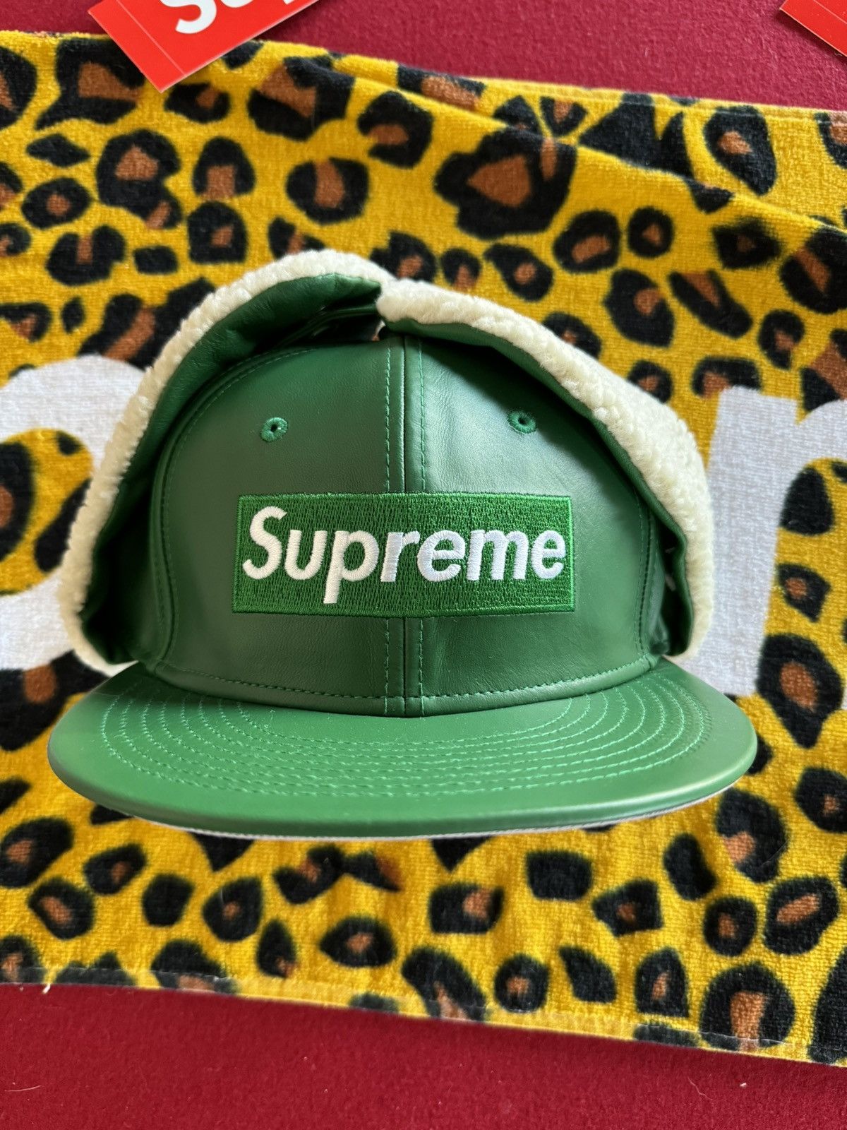 image of New Era - Leather Box Logo Ear Flap Fitted Hat in Green, Men's