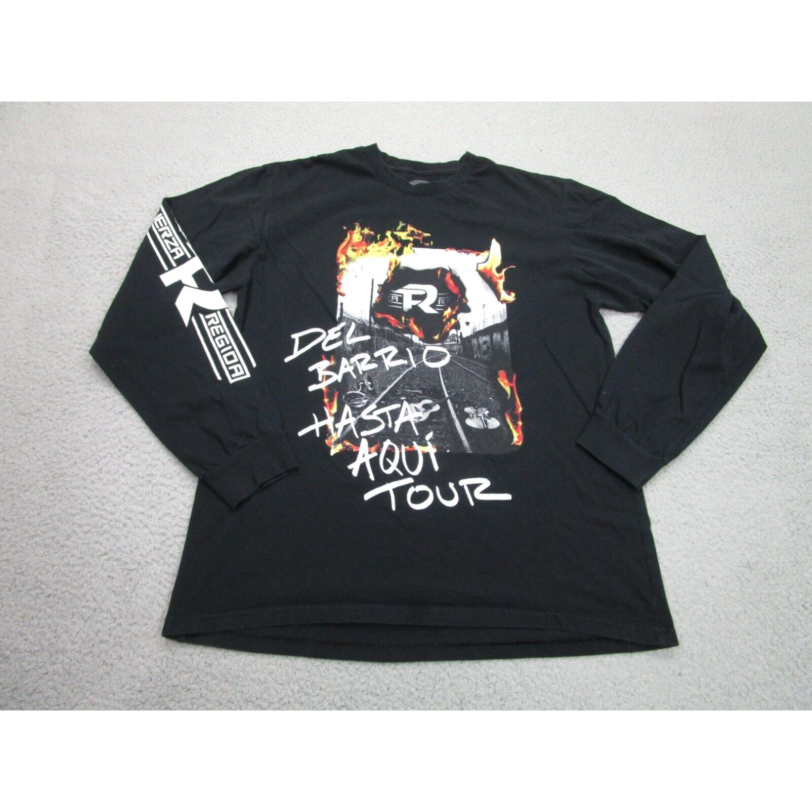 image of Vintage Fuerza Regida Shirt Mens L Black Del Barrio Hasta Aqui Tour Concert T-Shirt in White (Size 