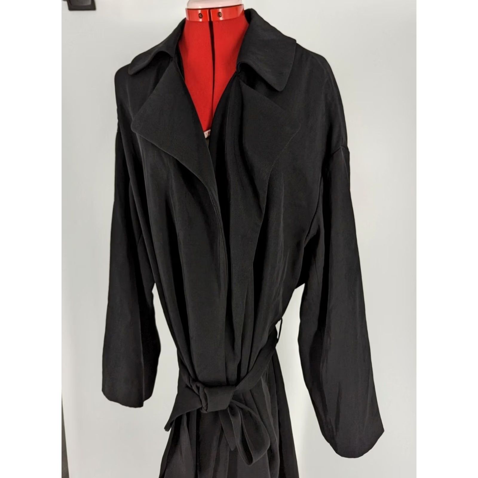 Vintage Protagonist Shirt Jacket Womens One Size Black Rayon Belted Trench Coat Spring 2016 Runway Womens Size ONE SIZE - 6 Thumbnail