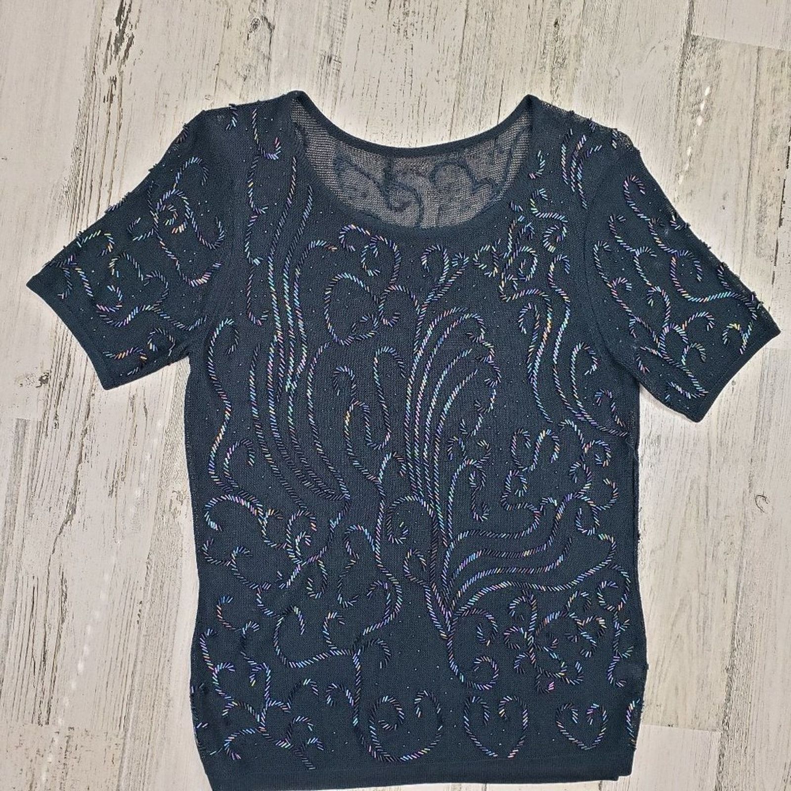 Other Navy Blue Loose Knit Beaded Embellished Semi- Sheer Blouse Size ONE SIZE - 1 Thumbnail