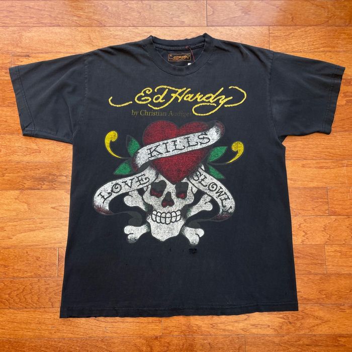 NEW ED HARDY Christian Audigier L SLEEVE SHIRT LOVE KILLS SLOWLY SKULL  TATOO L 