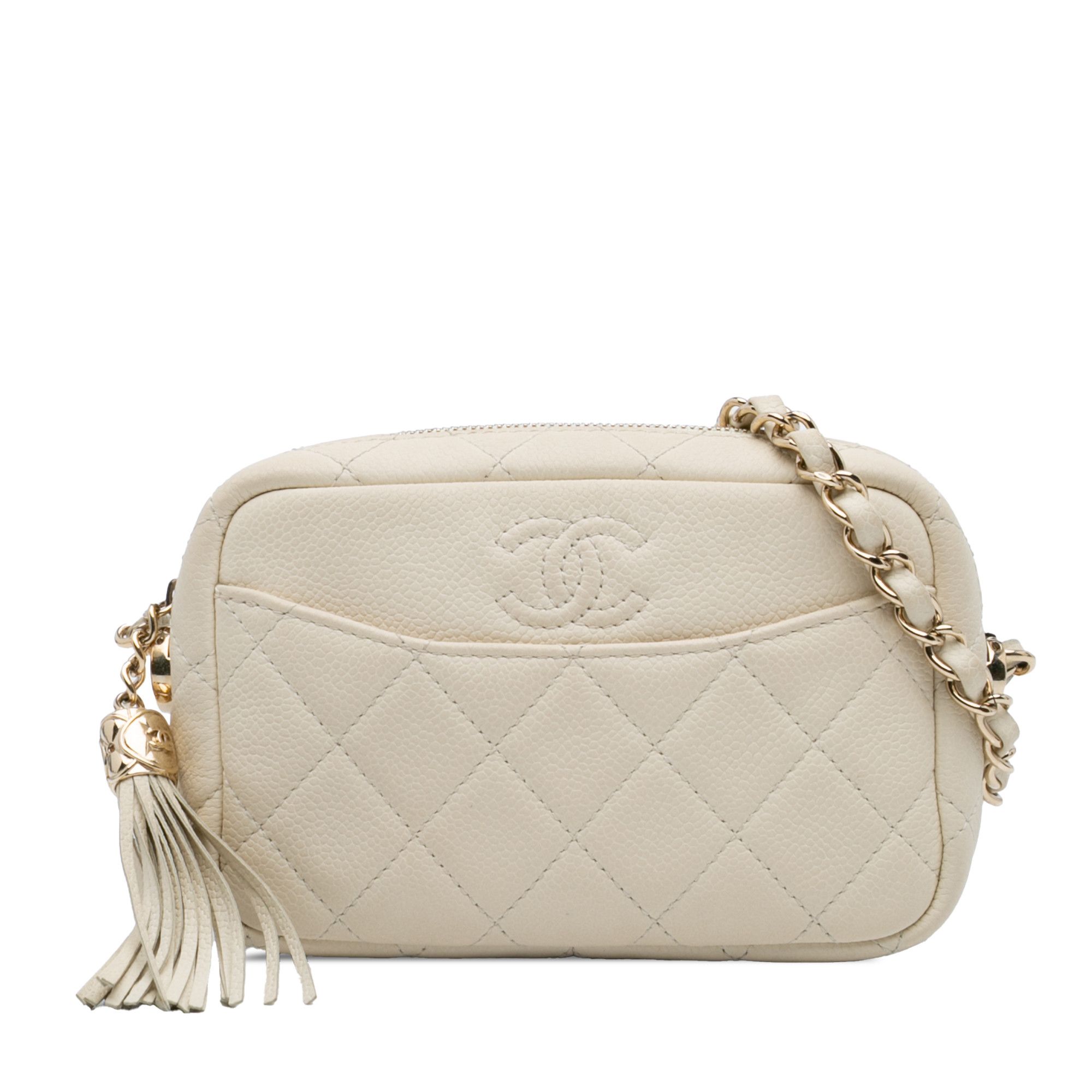 Chanel Small Cc Flat Quilted Caviar Camera Bag in White, Women's