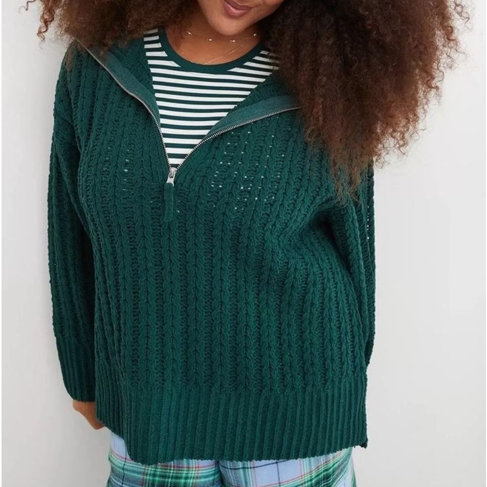 Other Aerie Cable knit Quarter Zip Sweater Forest green oversized Size XS / US 0-2 / IT 36-38 - 1 Thumbnail