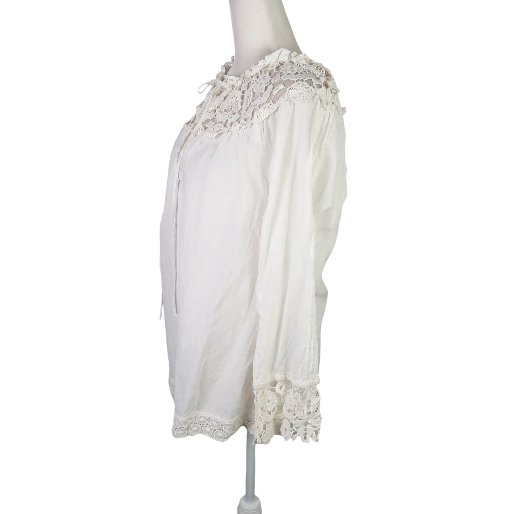Vintage Sundance Cream Lace Trim Peasant Top Small Blouse Women Long Sleeve Bohemian Hippie 100% Cotton Casual Size S / US 4 / IT 40 - 3 Thumbnail