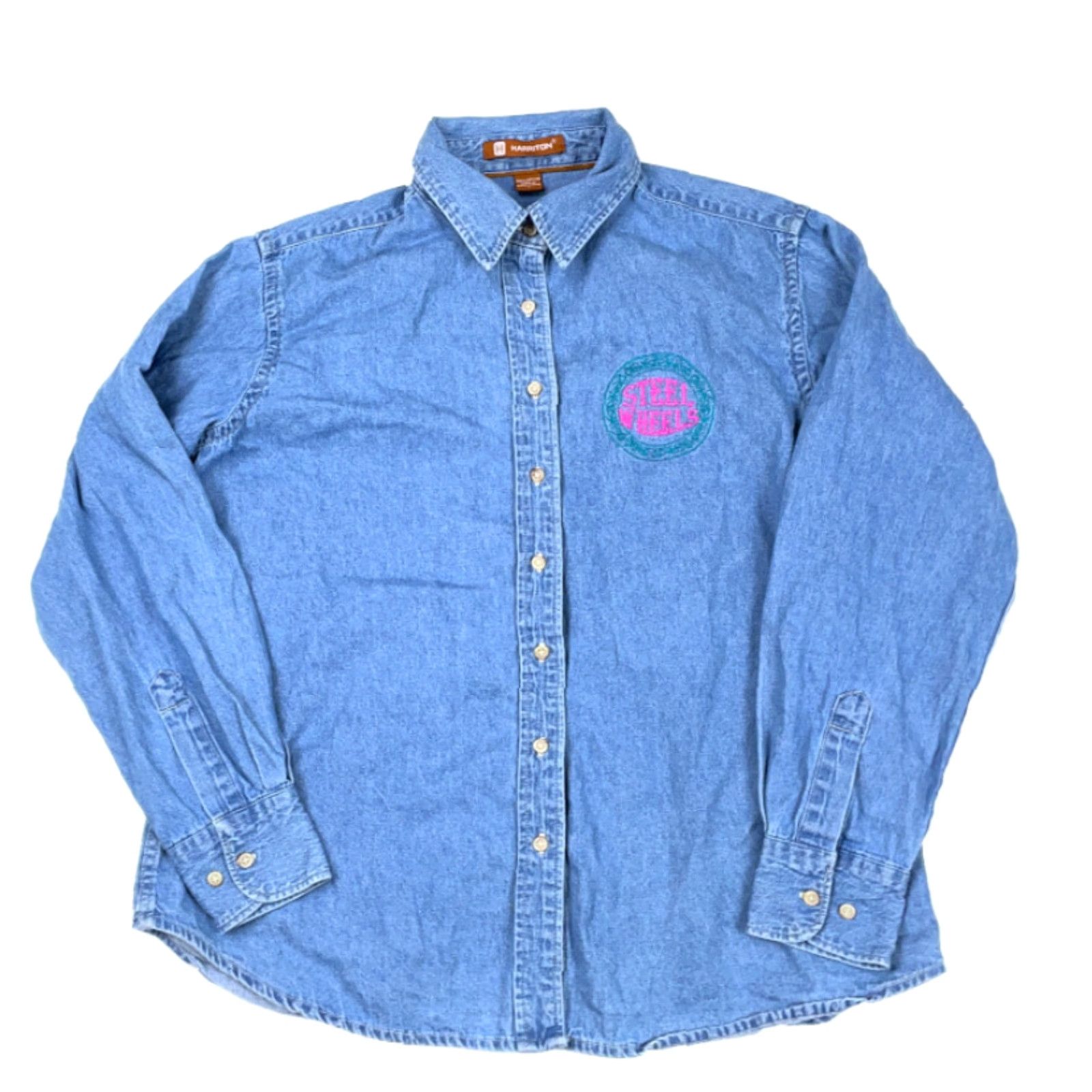 Vintage Harriton Steel Wheels Band Denim Button-Up Shirt Blue Women's Large 90s Hipster Grunge Size L / US 10 / IT 46 - 2 Thumbnail