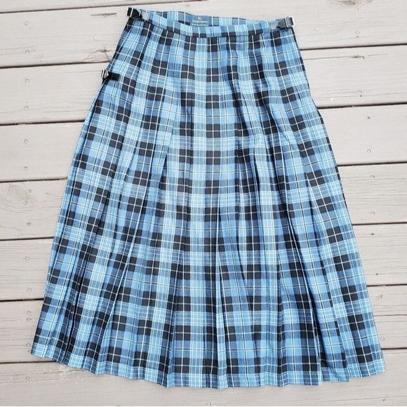 Vintage Lochcarron of Scotland Blue Black Clergy Plaid Wool Kilt Buc Size 32" / US 10 / IT 46 - 2 Thumbnail