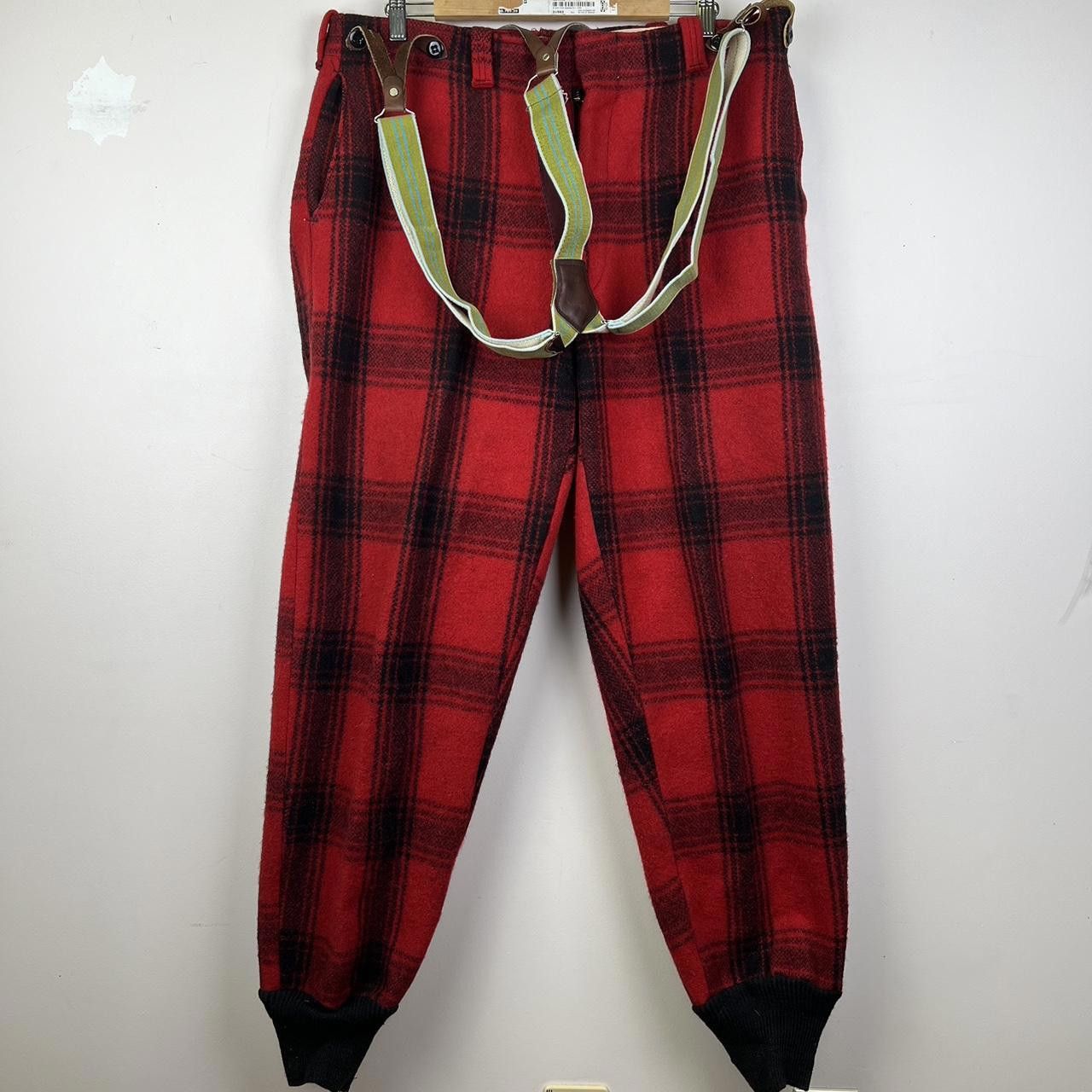 Vintage Vintage Red Black Plaid Wool Trousers with Suspenders 80s Size US 34 / EU 50 - 1 Thumbnail