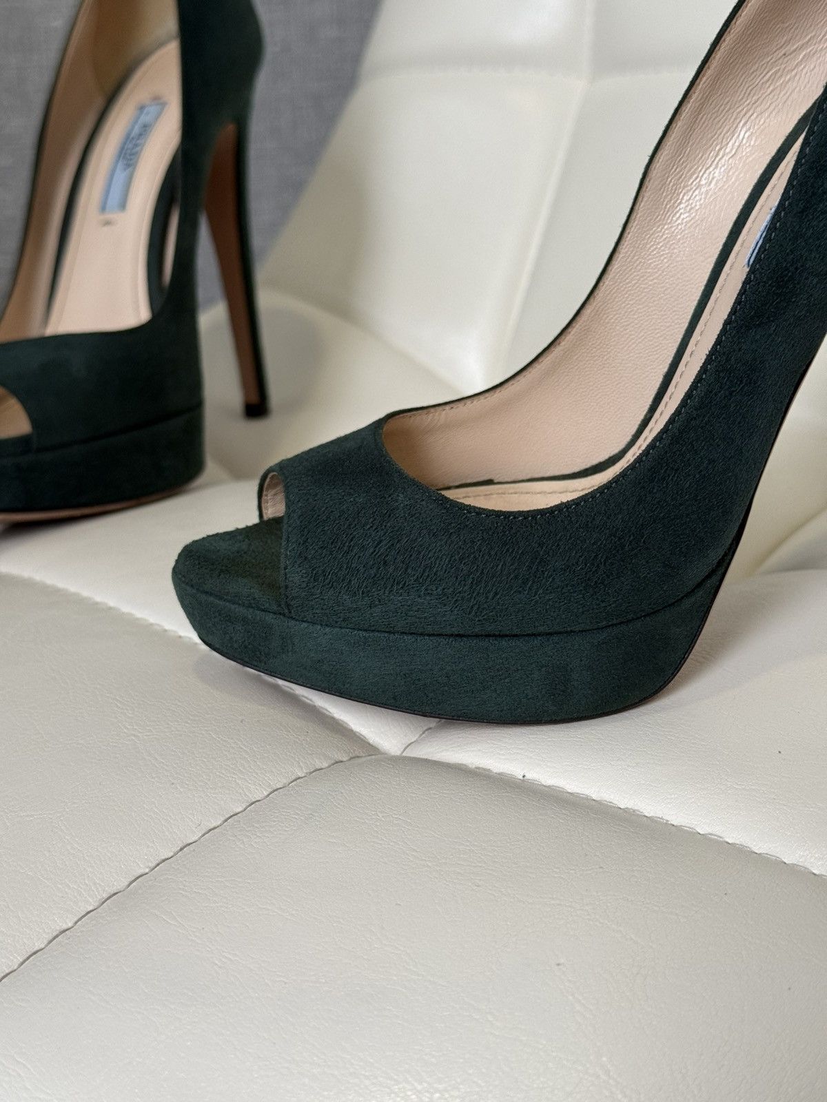 Prada Prada Green Suede Platform Peep Toe Stiletto High Heel Pumps Size US 7.5 / IT 37.5 - 3 Thumbnail