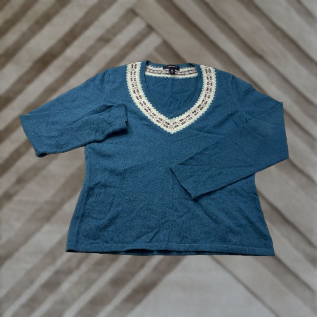Lands' End Lands' End Sweater 100% Cashmere Fair Isle V-Neck Blue Women's Small Pullover Size S / US 4 / IT 40 - 1 Thumbnail