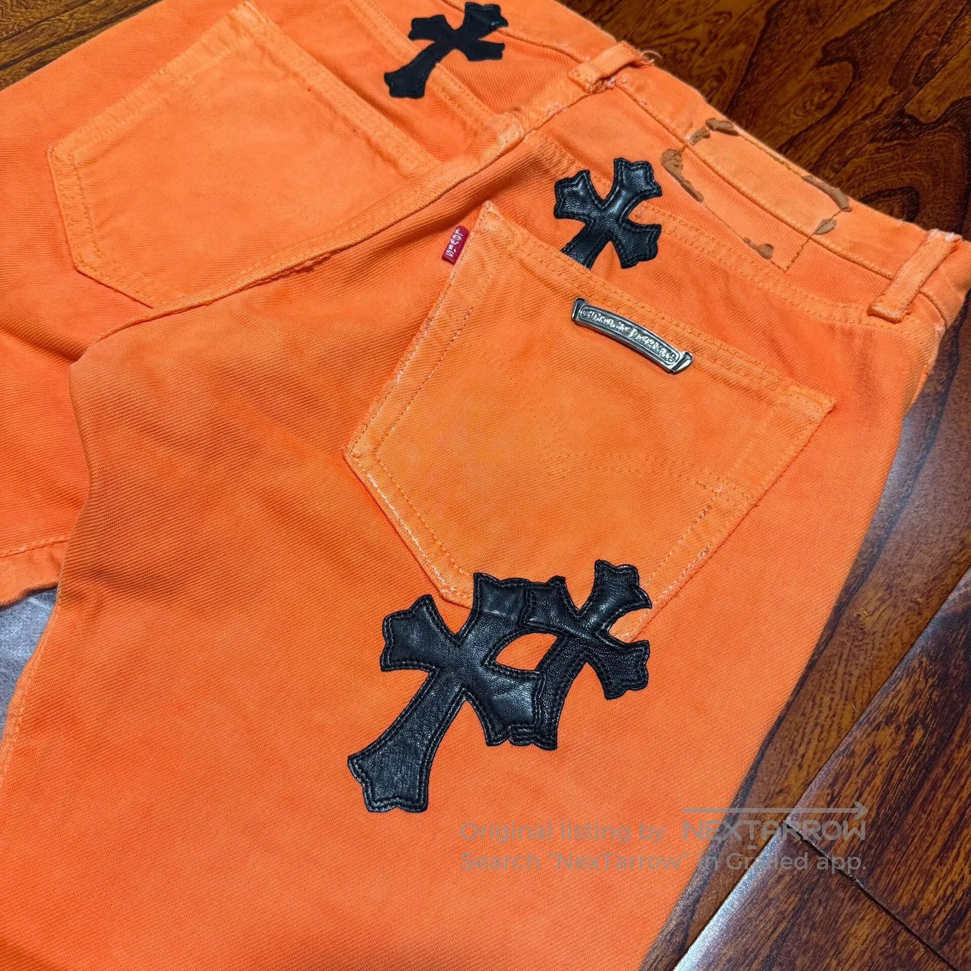 Chrome Hearts orange flared jeans with black crosses. Size 28" / US 6 / IT 42 - 4 Thumbnail