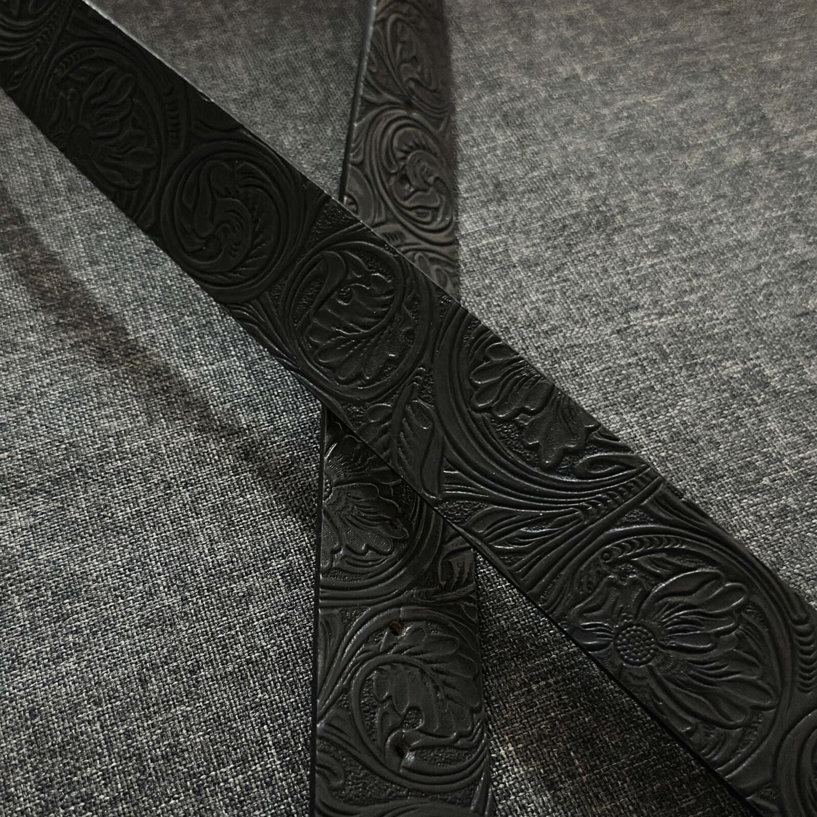 Leather Engraved Floral Buckle Belt | Dark Vintage Black Street Size ONE SIZE - 4 Thumbnail