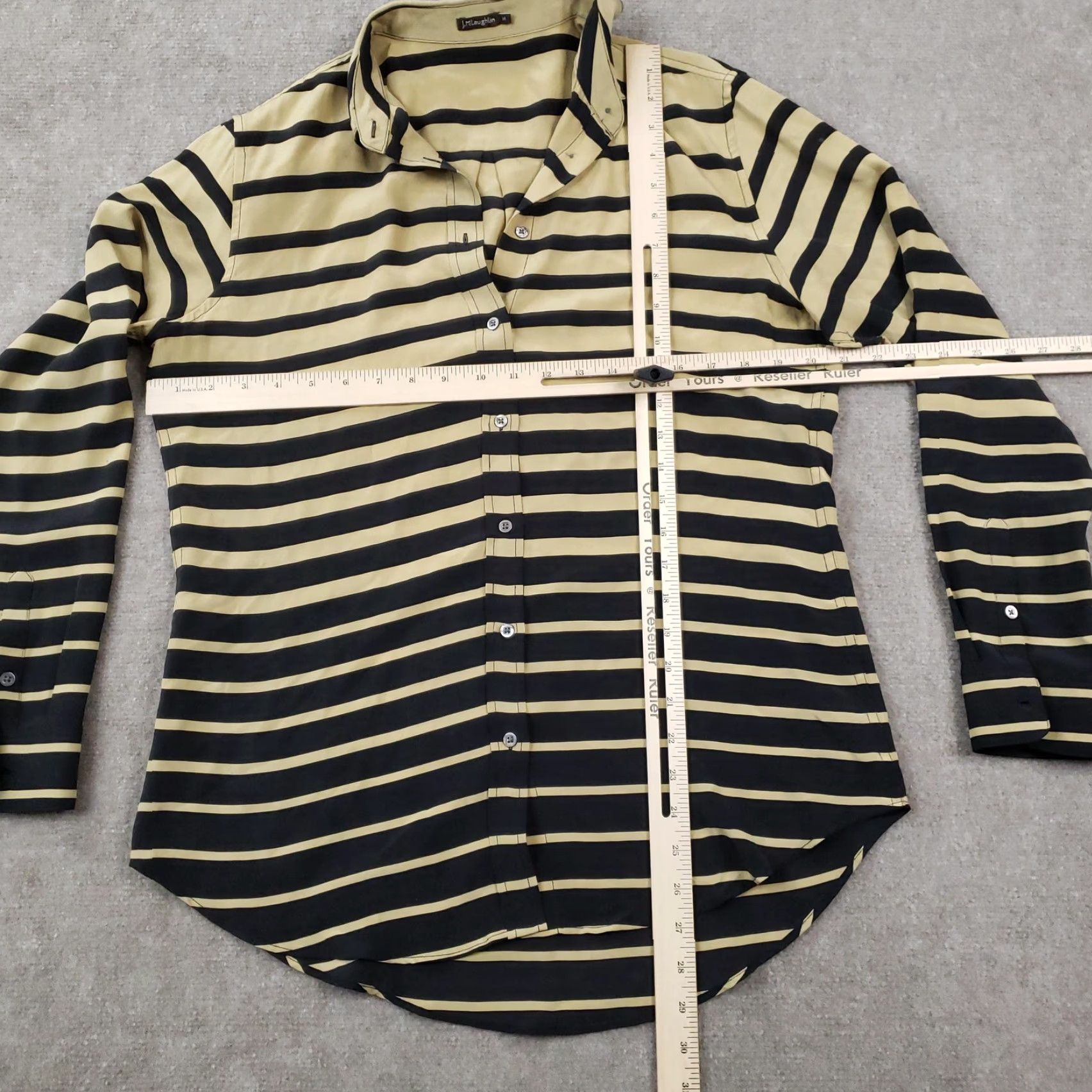 J.McLaughlin J McLaughlin Shirt Womens Medium Long Sleeve Black Tan Stripe Silk Button Front Size M / US 6-8 / IT 42-44 - 2 Thumbnail