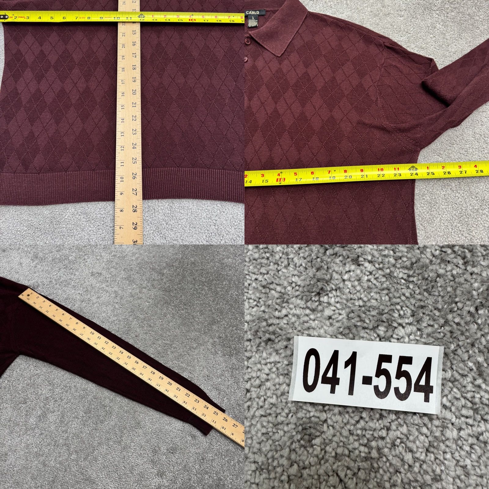 Vintage Carlo Argyle Polo Sweater Mens Large Burgundy Cotton Silk Knit Long Sleeve Buttoned Pullover Shirt Size US L / EU 52-54 / 3 - 8 Thumbnail