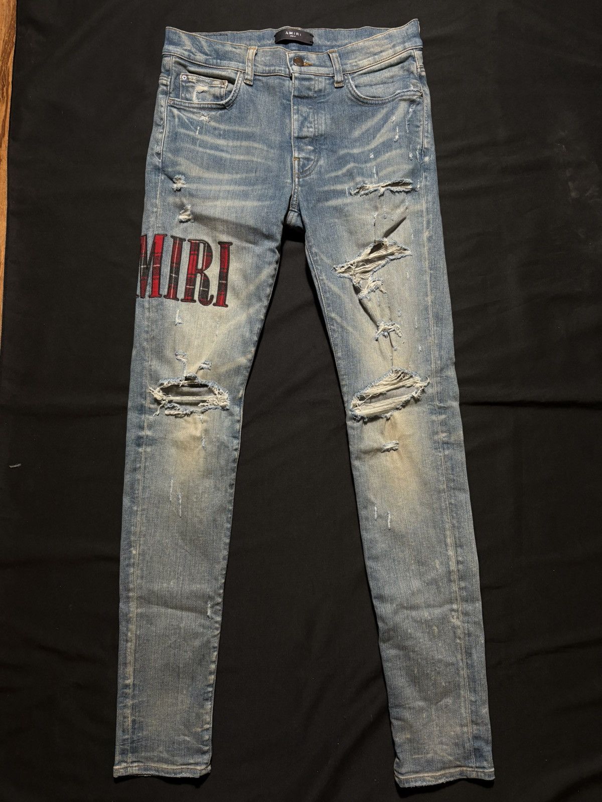 Amiri Red Plaid Side Logo Light Wash Blue Jeans - Size 31