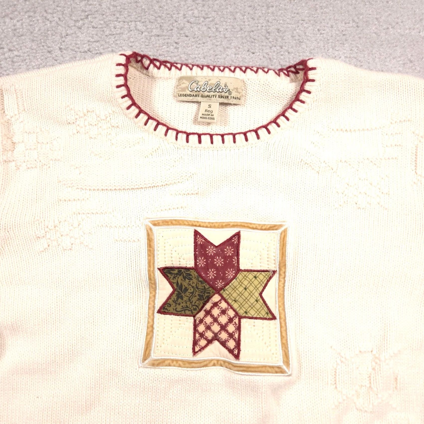 Vintage Cabela's Sweater Womens Small Ivory Textured Knit Crewneck Quilt Applique Patch Size S / US 4 / IT 40 - 3 Thumbnail