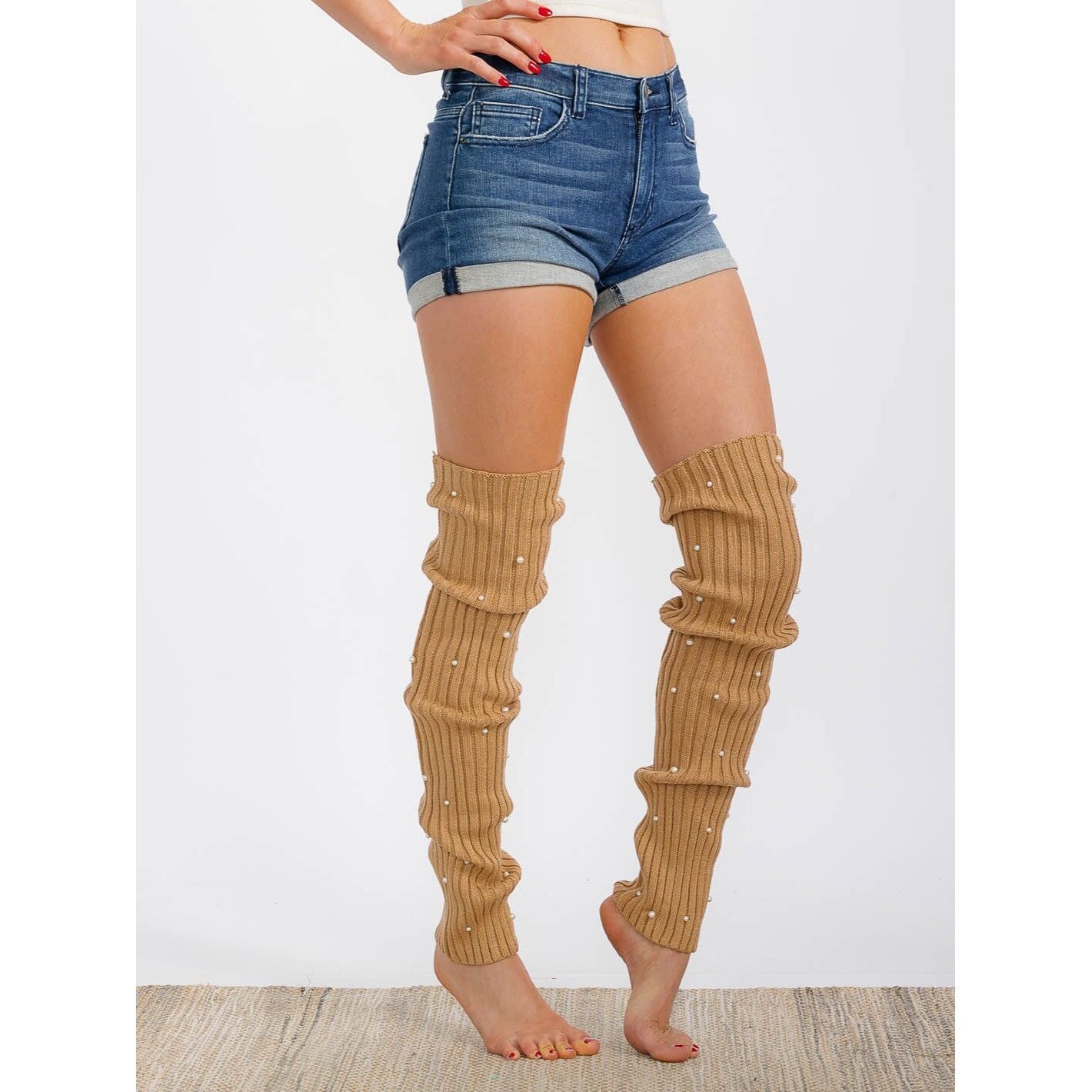 Other Women's Pearl Detailed Ribbed Knit Leg Warmers Color Beige O Size ONE SIZE - 2 Thumbnail